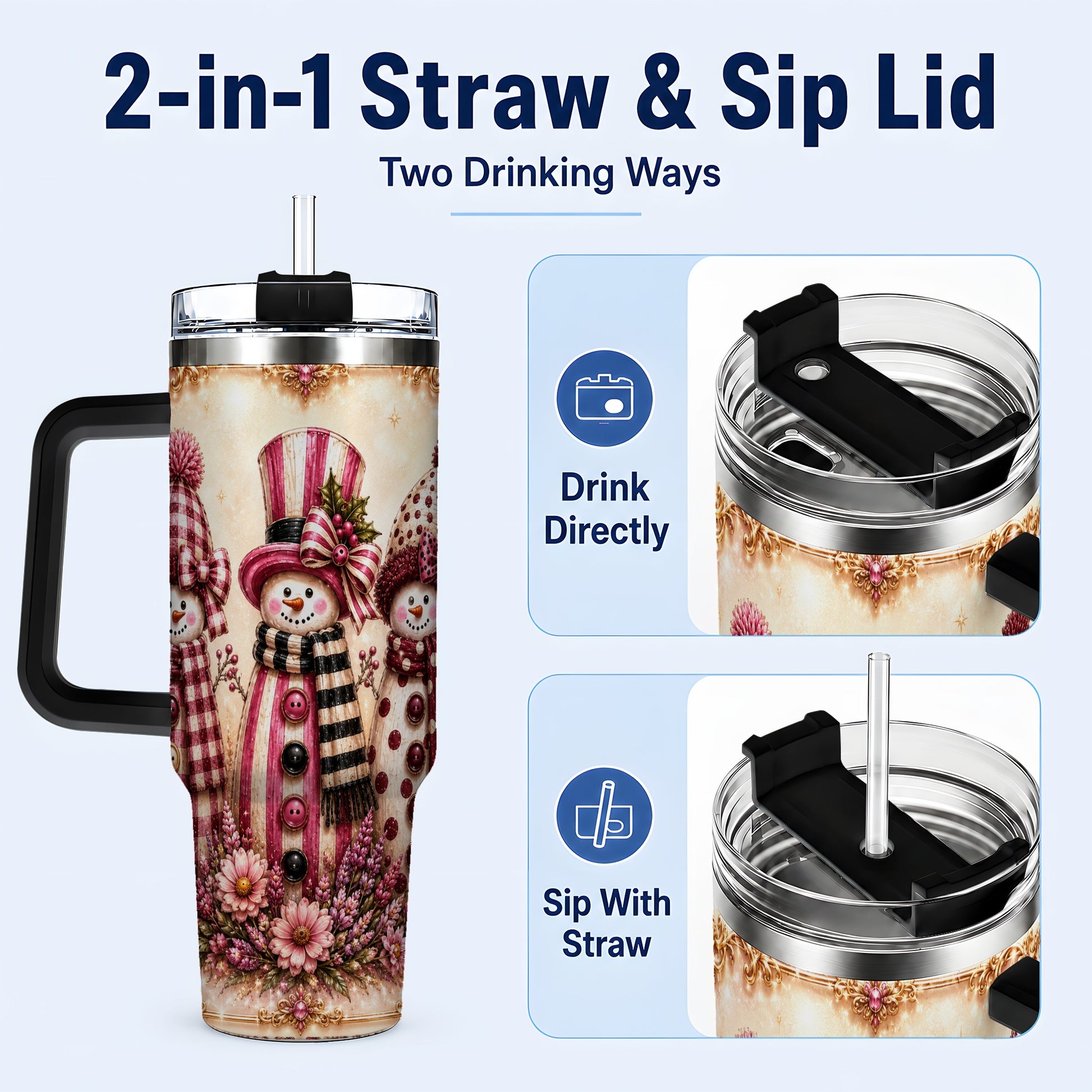 #pl[40oz|Black] Snowman Trio 40oz Tumbler with Handle, Christmas Stainless Steel Travel Cup