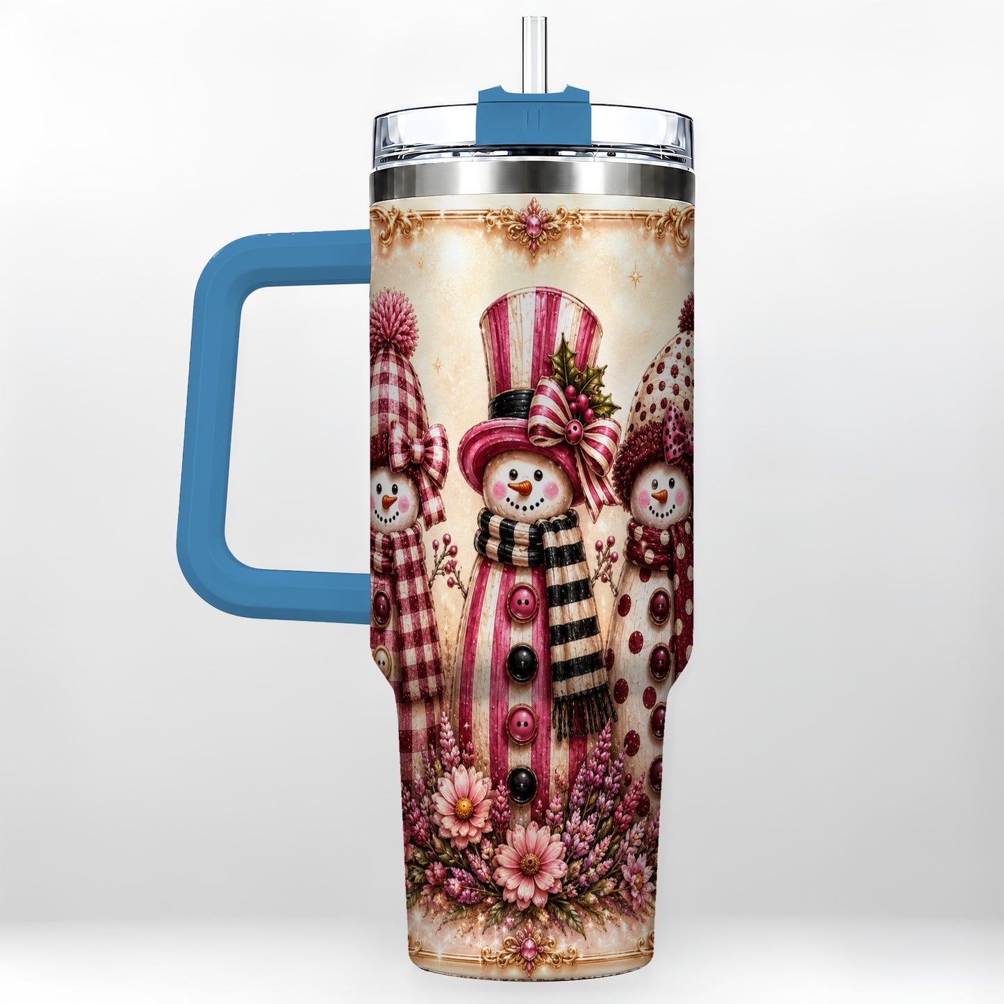#pl[40oz|Blue] Snowman Trio 40oz Tumbler with Handle, Christmas Stainless Steel Travel Cup