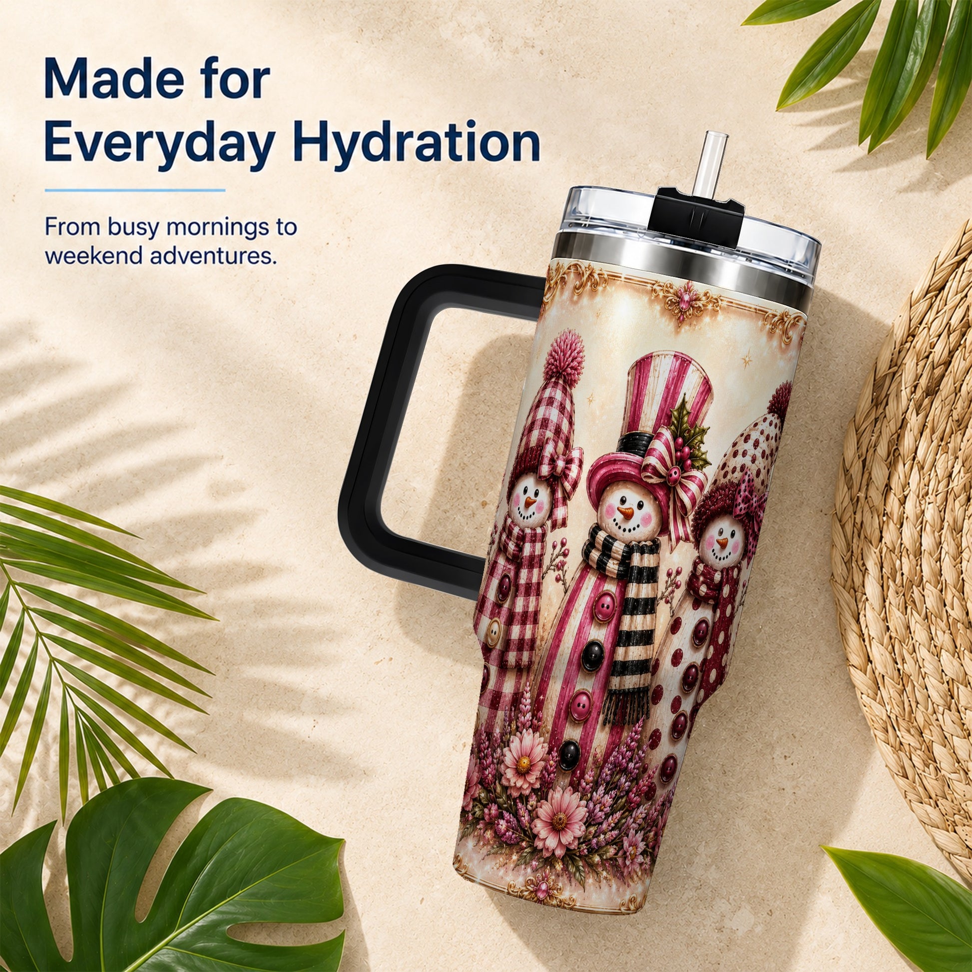 #pl[40oz|Black] Snowman Trio 40oz Tumbler with Handle, Christmas Stainless Steel Travel Cup