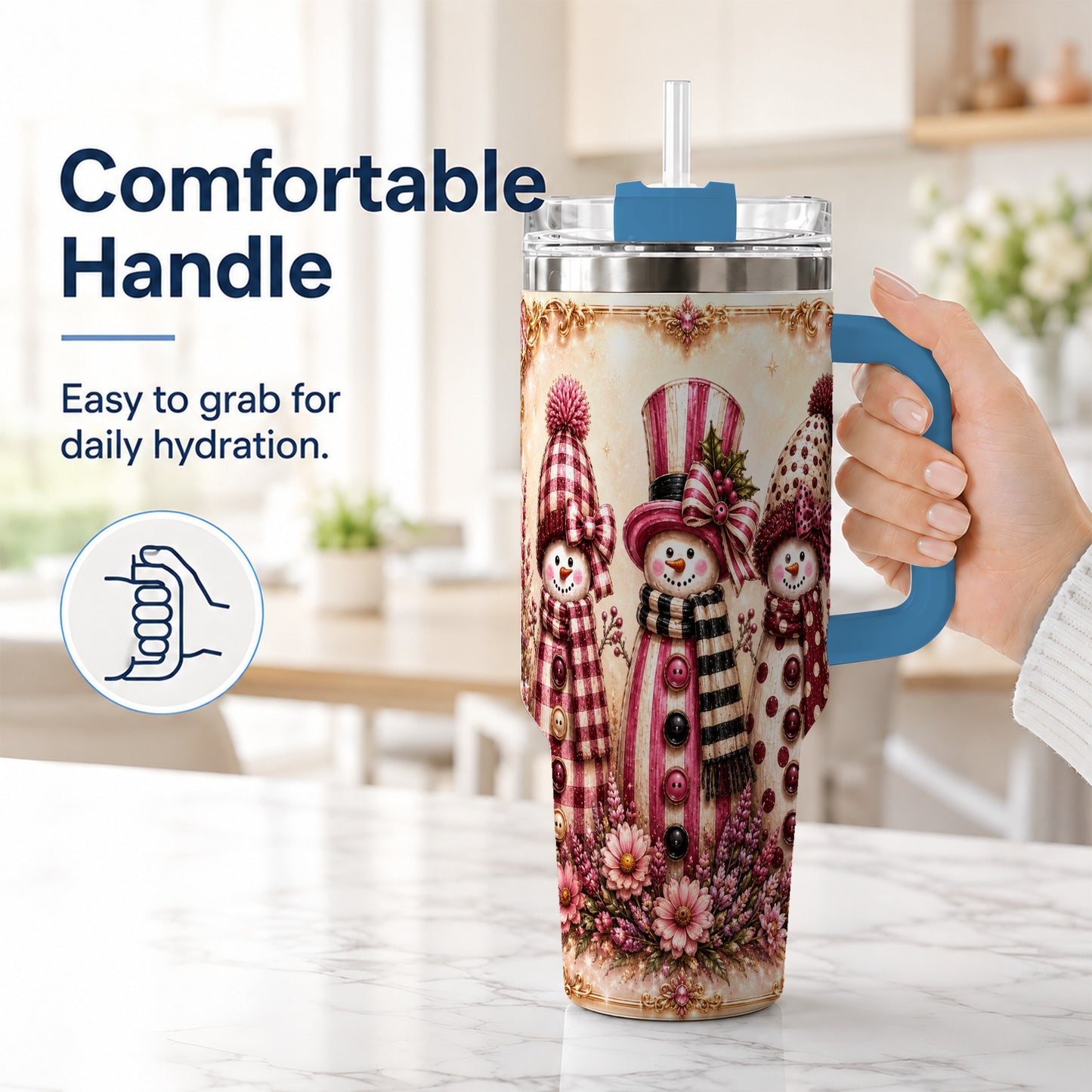 #pl[40oz|Blue] Snowman Trio 40oz Tumbler with Handle, Christmas Stainless Steel Travel Cup