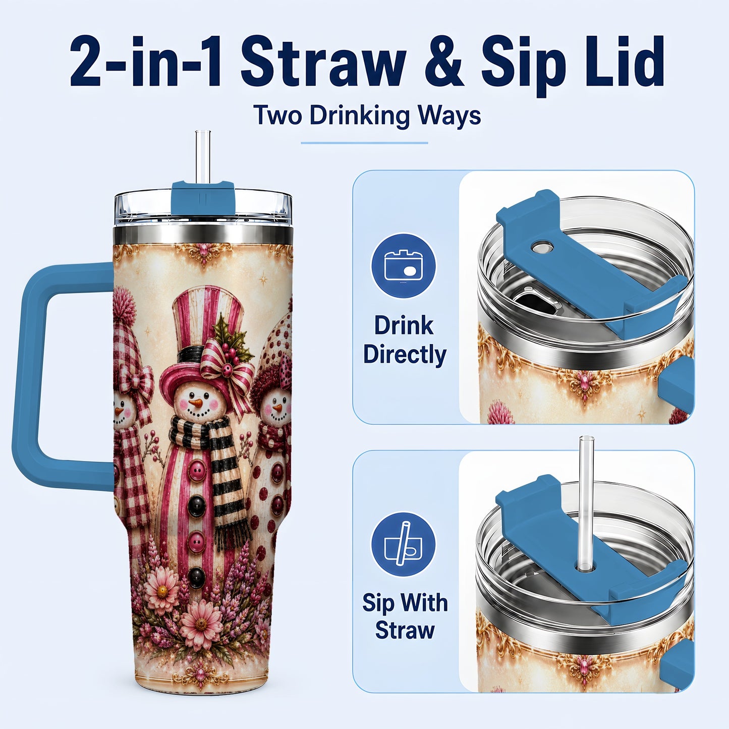 #pl[40oz|Blue] Snowman Trio 40oz Tumbler with Handle, Christmas Stainless Steel Travel Cup