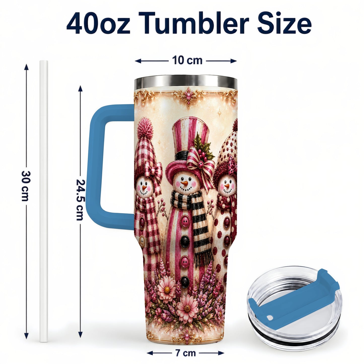 #pl[40oz|Blue] Snowman Trio 40oz Tumbler with Handle, Christmas Stainless Steel Travel Cup