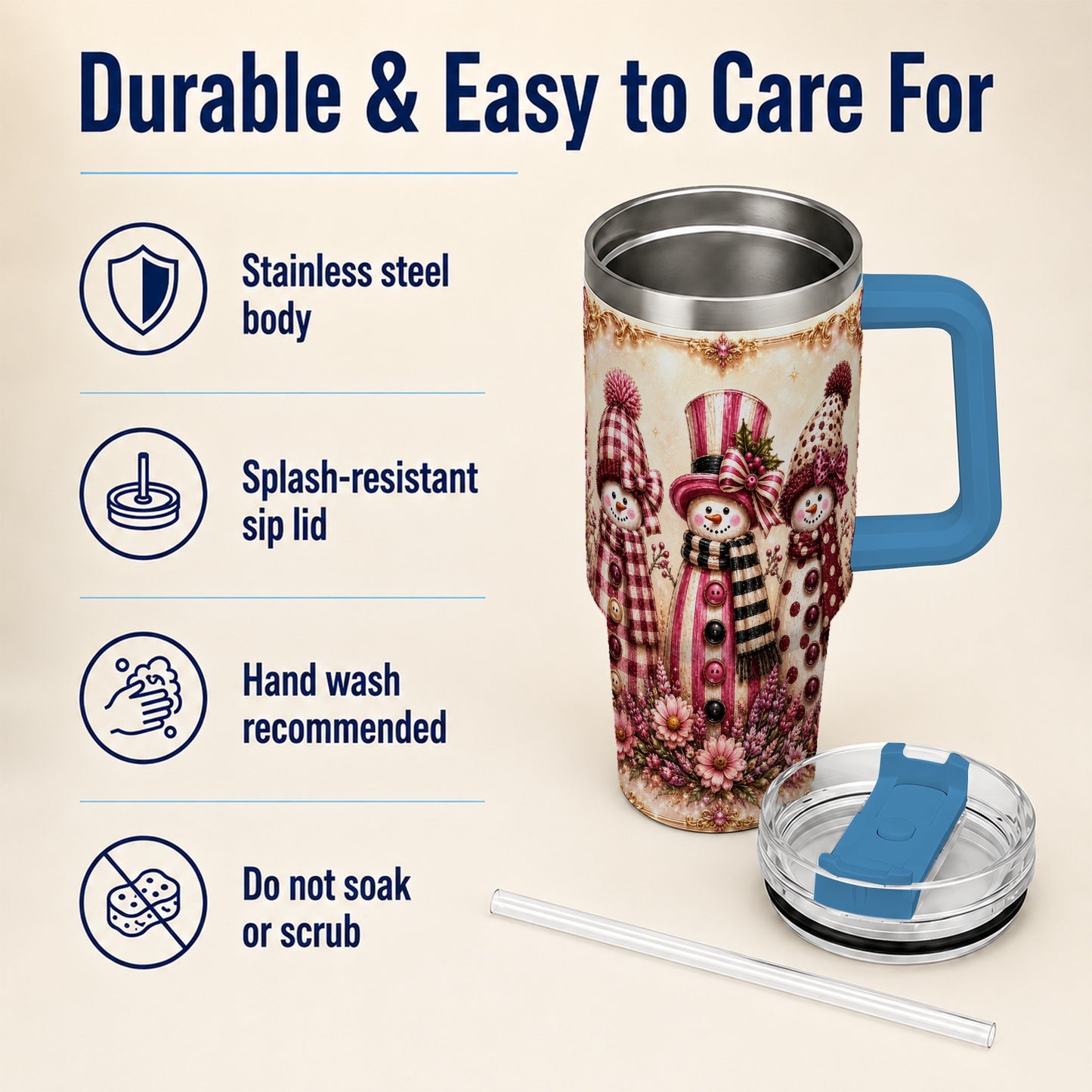 #pl[40oz|Blue] Snowman Trio 40oz Tumbler with Handle, Christmas Stainless Steel Travel Cup