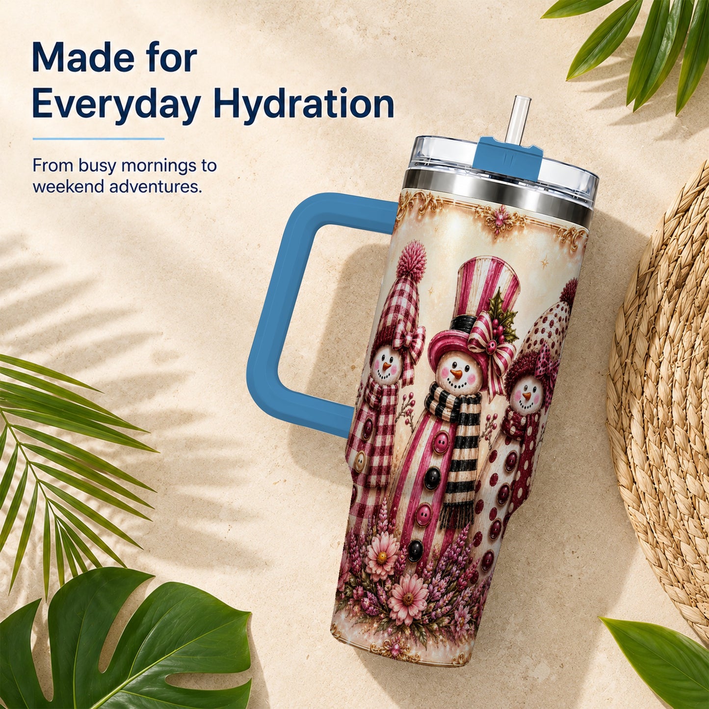 #pl[40oz|Blue] Snowman Trio 40oz Tumbler with Handle, Christmas Stainless Steel Travel Cup