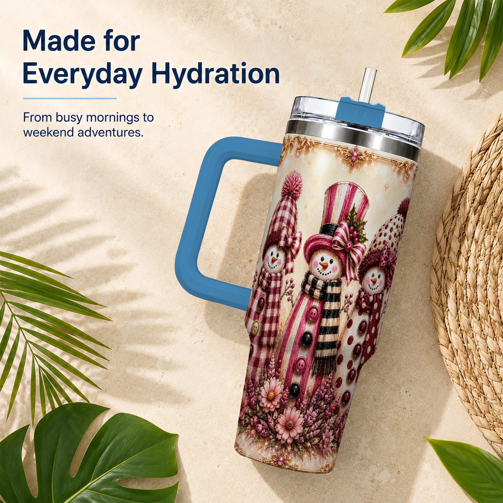 #pl[40oz|Blue] Snowman Trio 40oz Tumbler with Handle, Christmas Stainless Steel Travel Cup