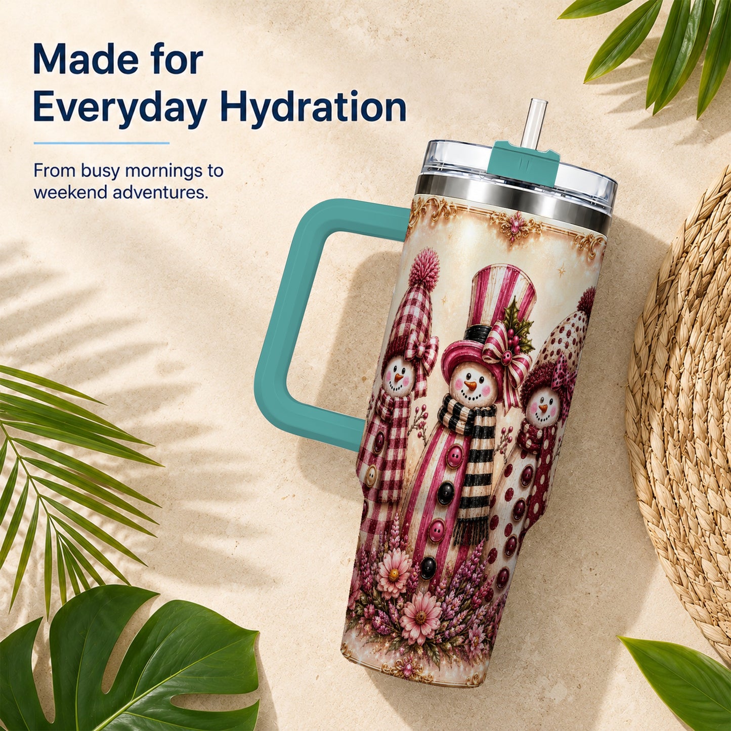 #pl[40oz|Green] Snowman Trio 40oz Tumbler with Handle, Christmas Stainless Steel Travel Cup