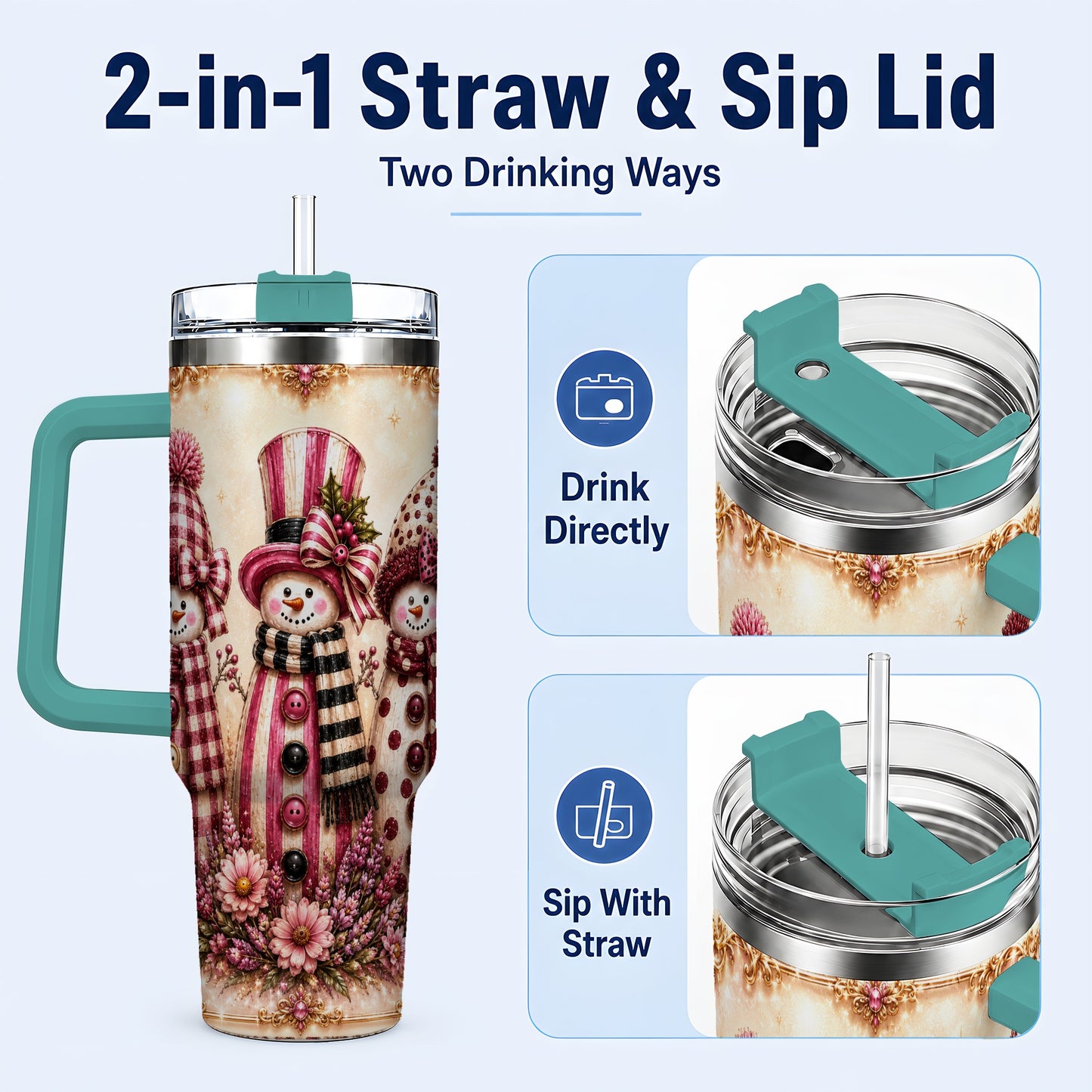 #pl[40oz|Green] Snowman Trio 40oz Tumbler with Handle, Christmas Stainless Steel Travel Cup