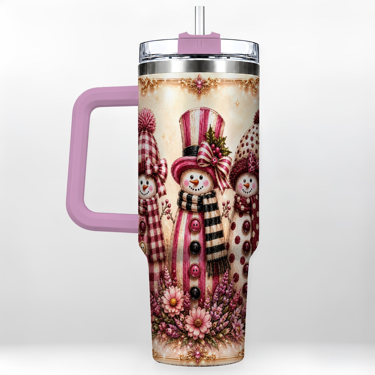 #pl[40oz|Pink] Snowman Trio 40oz Tumbler with Handle, Christmas Stainless Steel Travel Cup