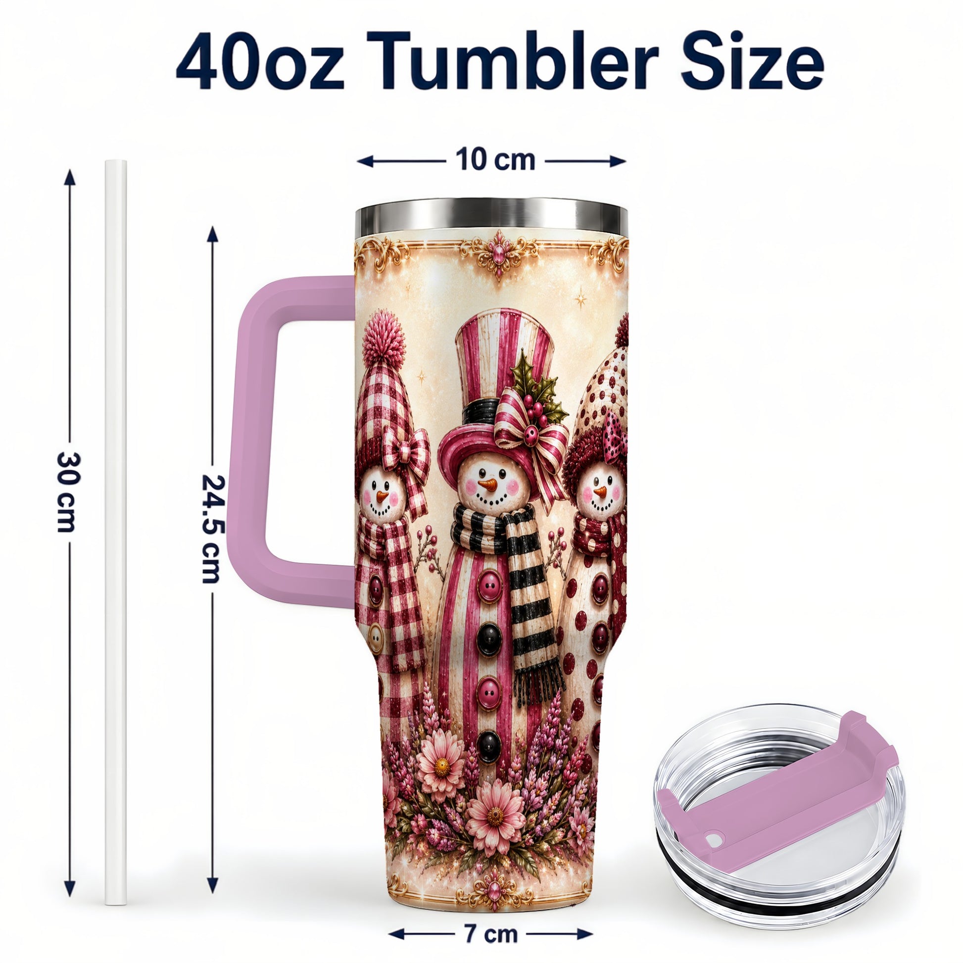 #pl[40oz|Pink] Snowman Trio 40oz Tumbler with Handle, Christmas Stainless Steel Travel Cup
