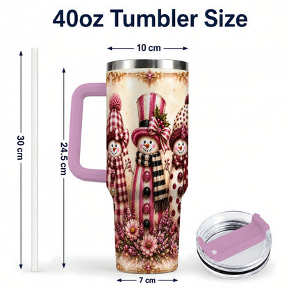 #pl[40oz|Pink] Snowman Trio 40oz Tumbler with Handle, Christmas Stainless Steel Travel Cup