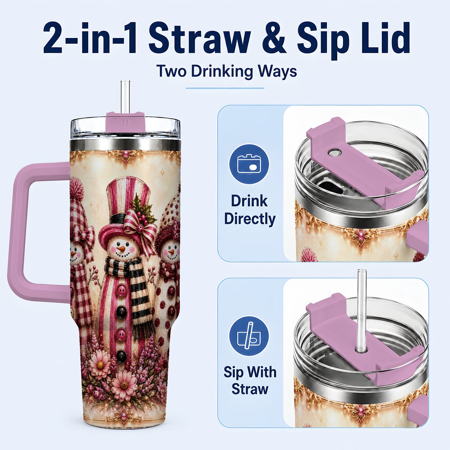 #pl[40oz|Pink] Snowman Trio 40oz Tumbler with Handle, Christmas Stainless Steel Travel Cup