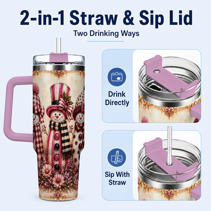 #pl[40oz|Pink] Snowman Trio 40oz Tumbler with Handle, Christmas Stainless Steel Travel Cup