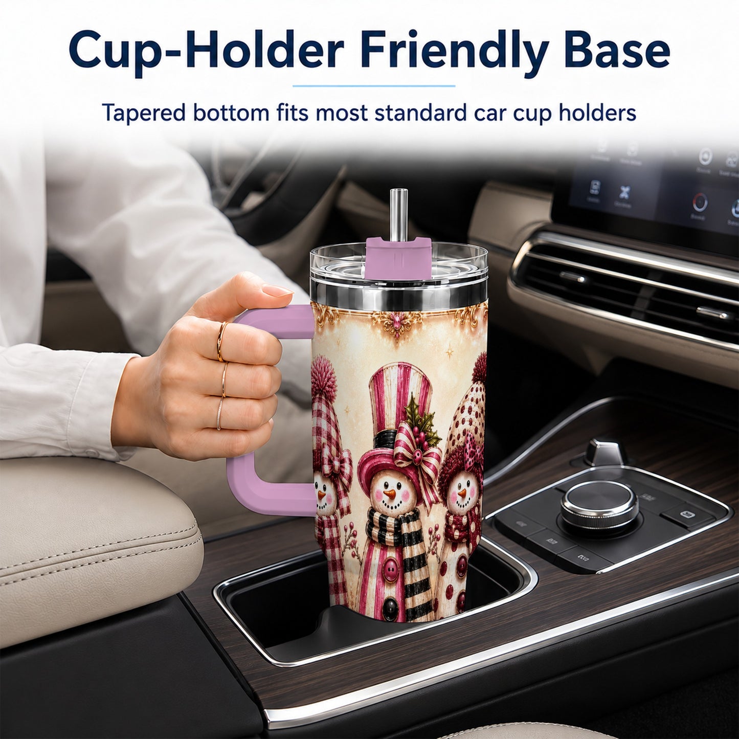 #pl[40oz|Pink] Snowman Trio 40oz Tumbler with Handle, Christmas Stainless Steel Travel Cup