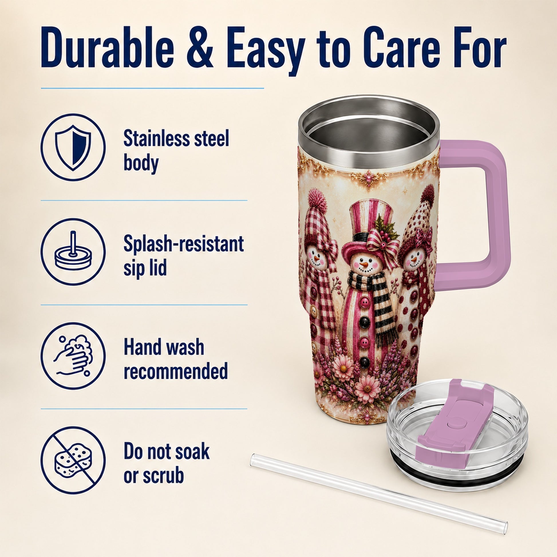 #pl[40oz|Pink] Snowman Trio 40oz Tumbler with Handle, Christmas Stainless Steel Travel Cup