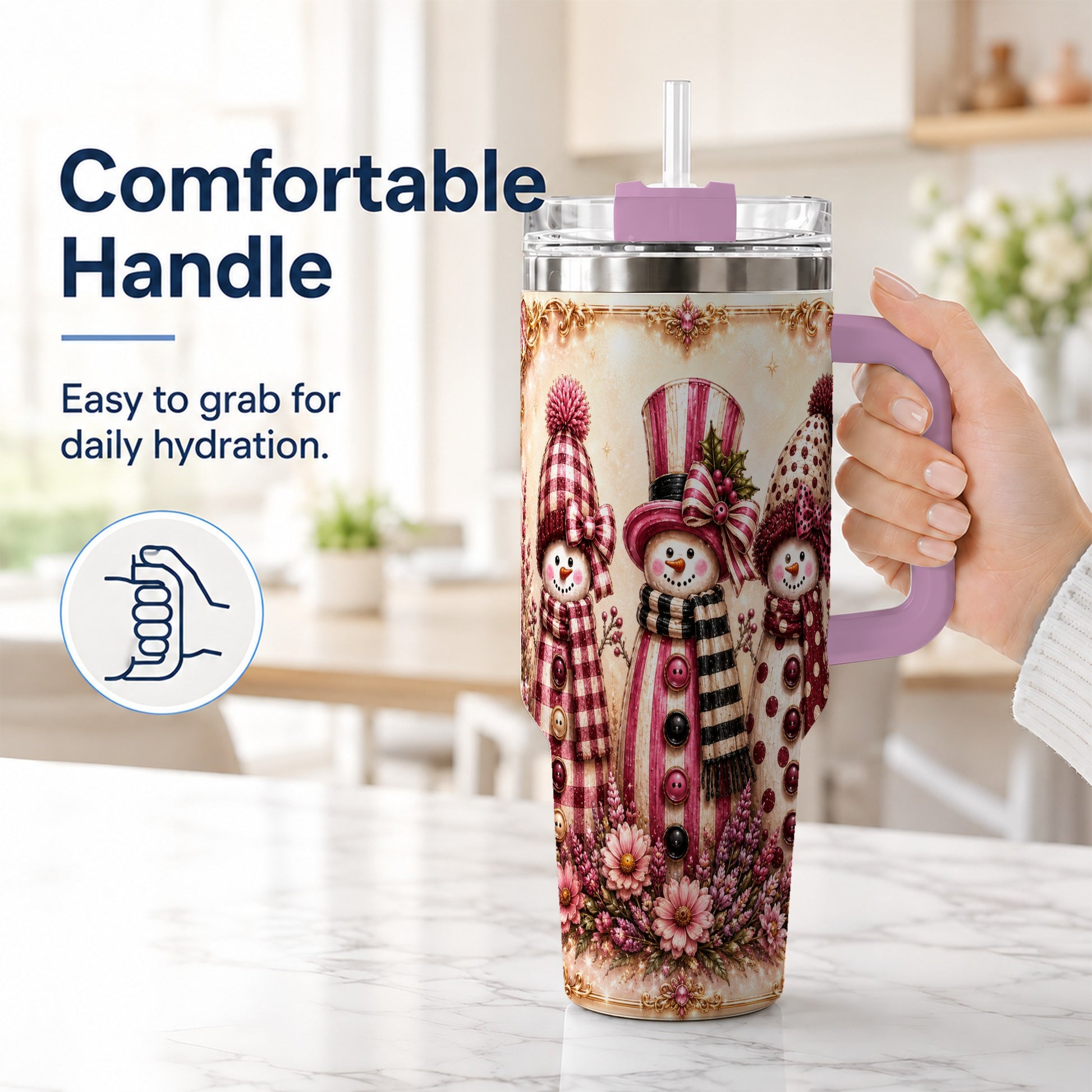 #pl[40oz|Pink] Snowman Trio 40oz Tumbler with Handle, Christmas Stainless Steel Travel Cup