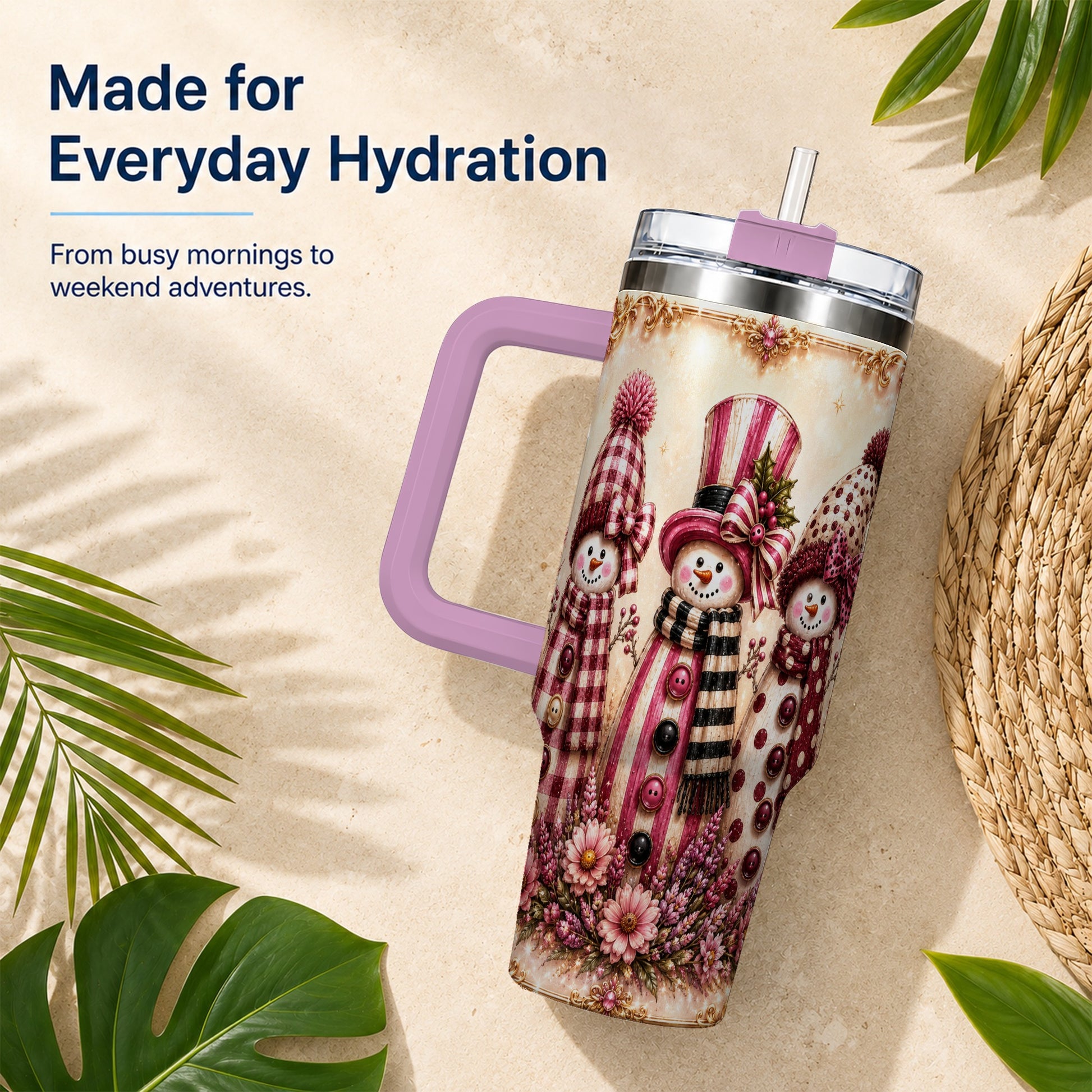 #pl[40oz|Pink] Snowman Trio 40oz Tumbler with Handle, Christmas Stainless Steel Travel Cup