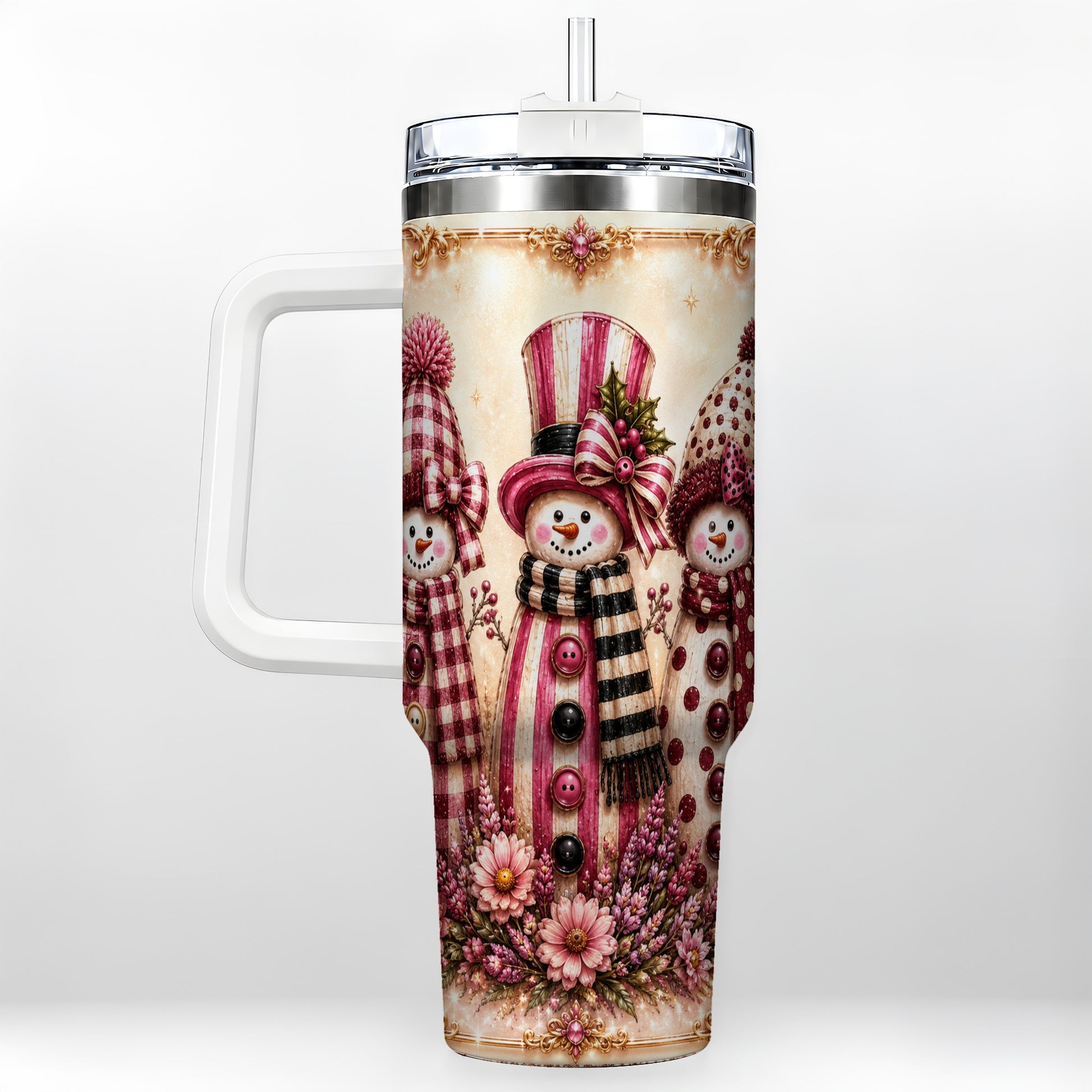 #pl[40oz|White] Snowman Trio 40oz Tumbler with Handle, Christmas Stainless Steel Travel Cup