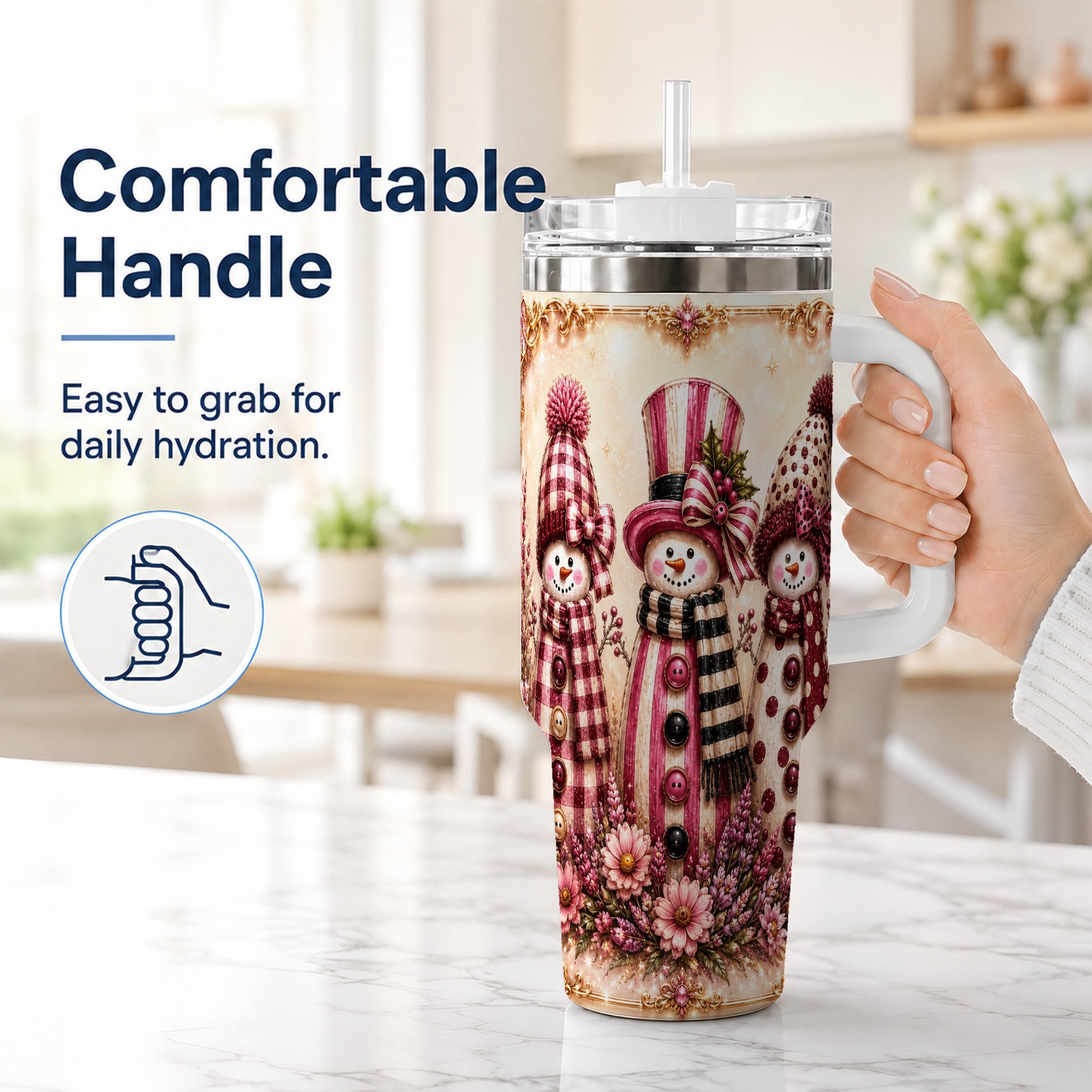 #pl[40oz|White] Snowman Trio 40oz Tumbler with Handle, Christmas Stainless Steel Travel Cup