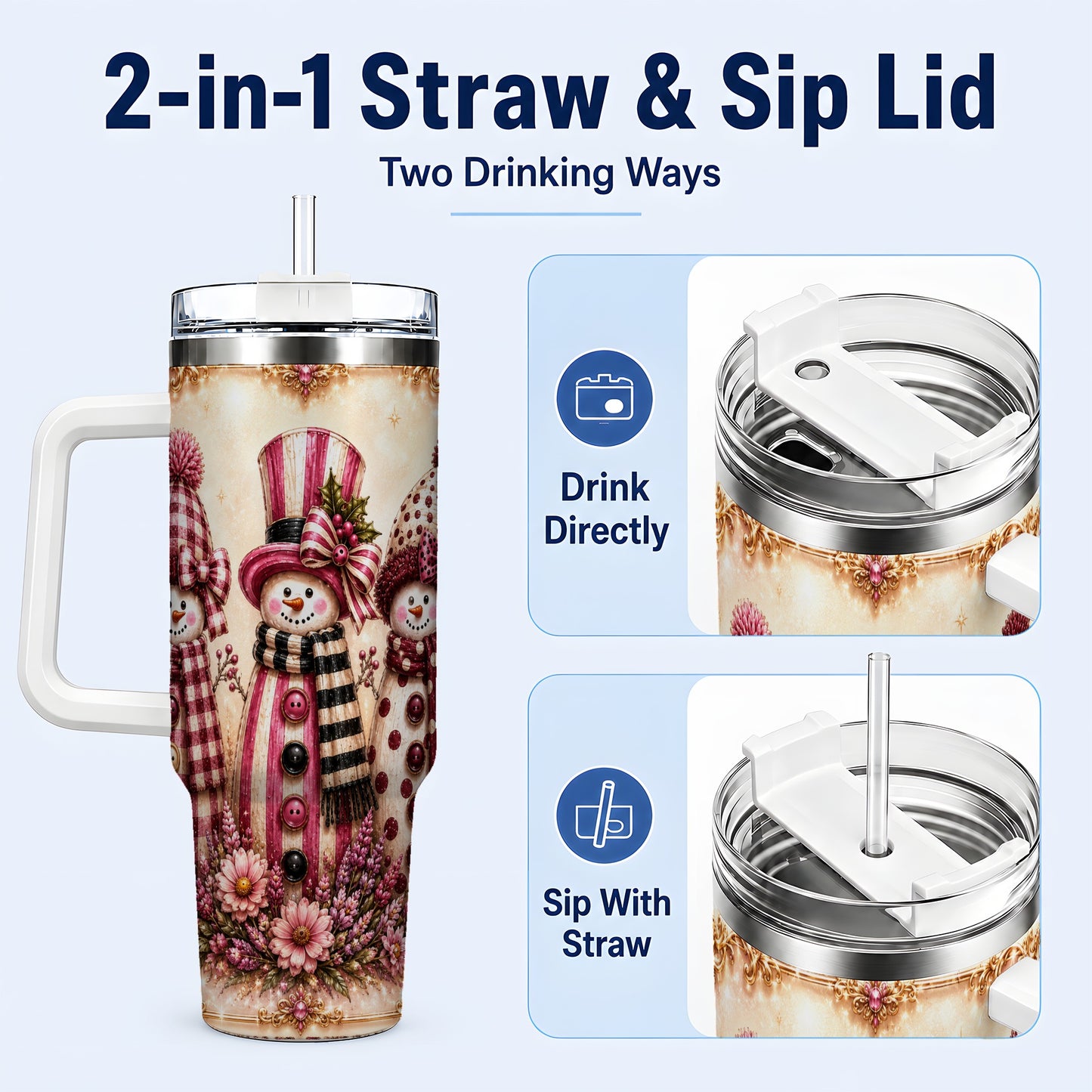 #pl[40oz|White] Snowman Trio 40oz Tumbler with Handle, Christmas Stainless Steel Travel Cup