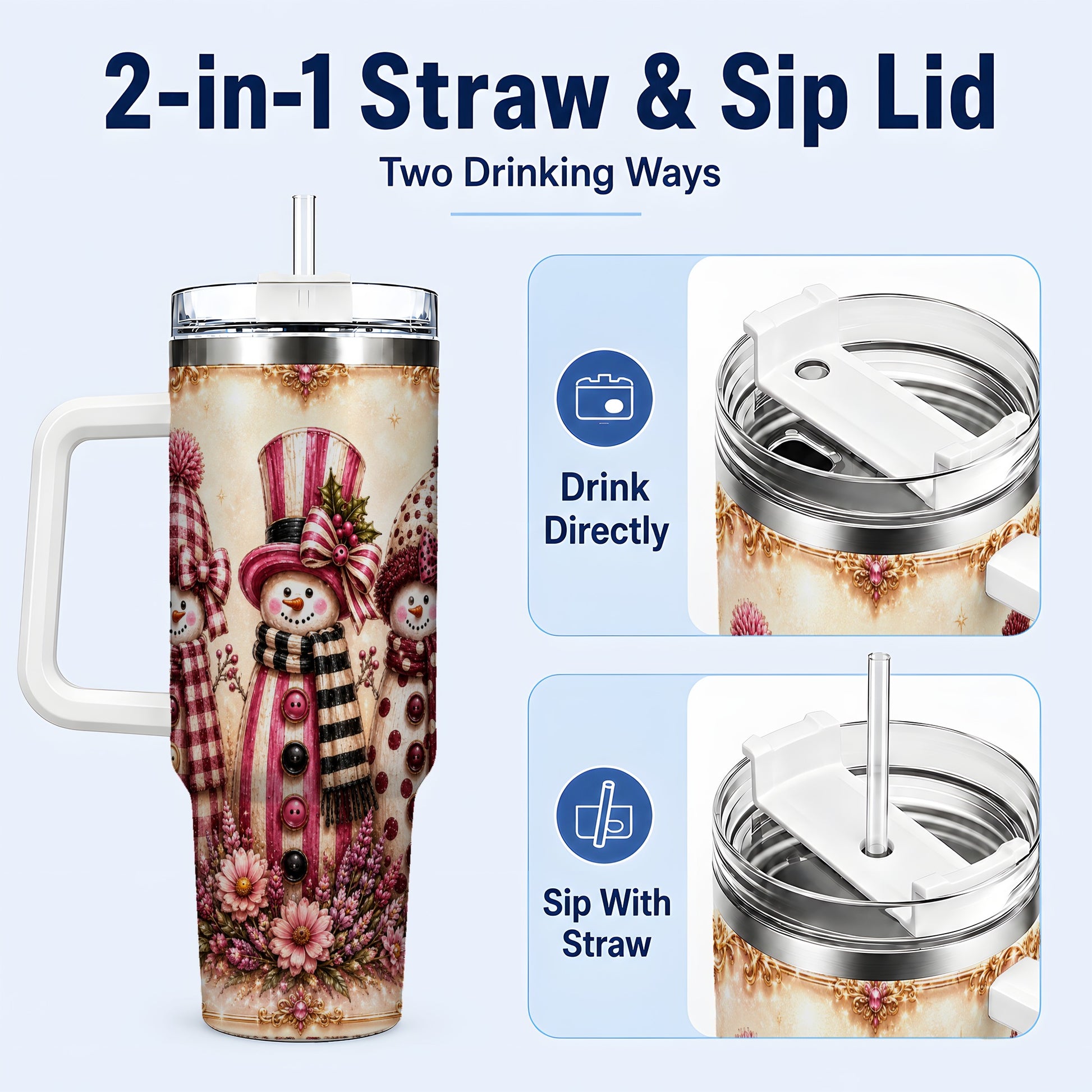 #pl[40oz|White] Snowman Trio 40oz Tumbler with Handle, Christmas Stainless Steel Travel Cup