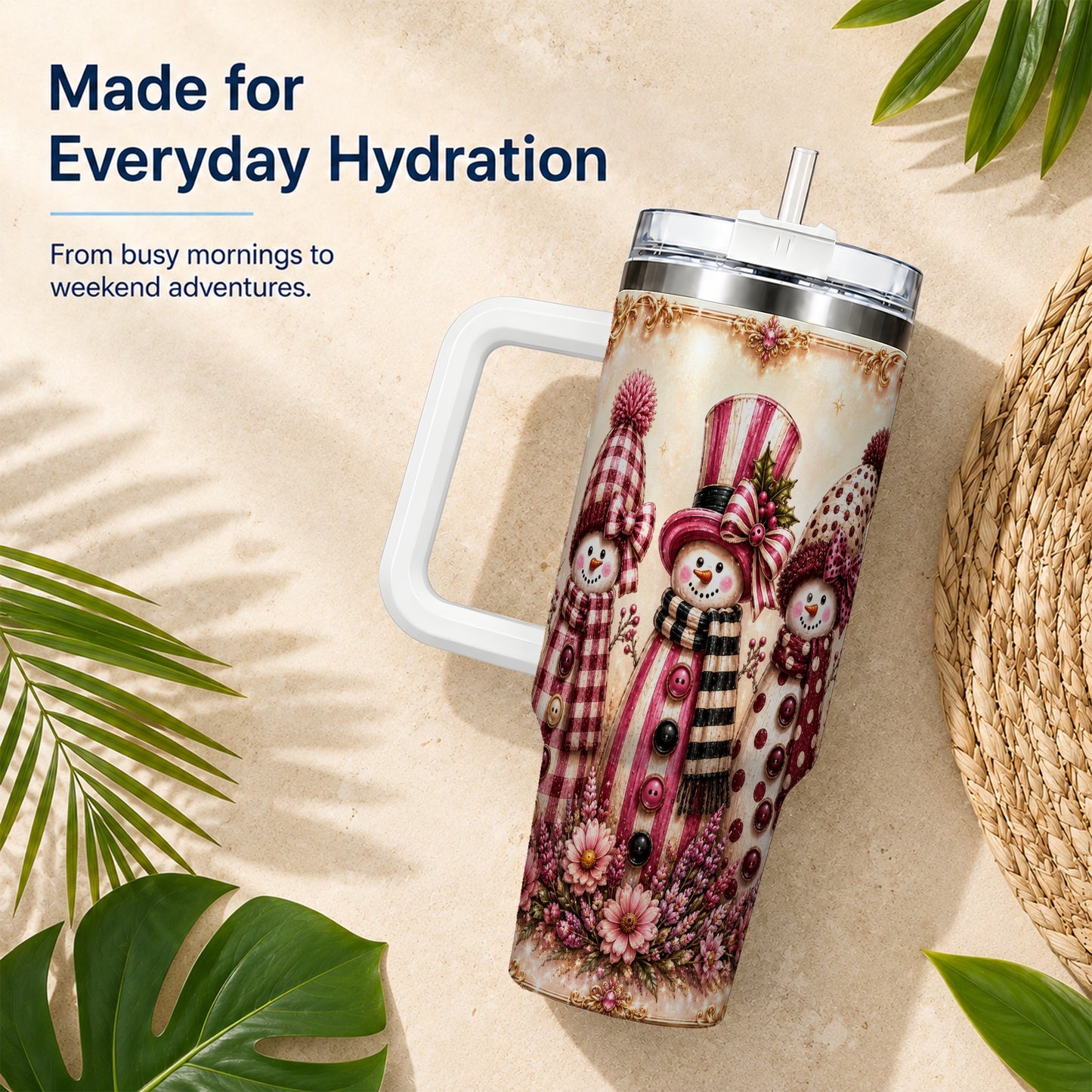 #pl[40oz|White] Snowman Trio 40oz Tumbler with Handle, Christmas Stainless Steel Travel Cup