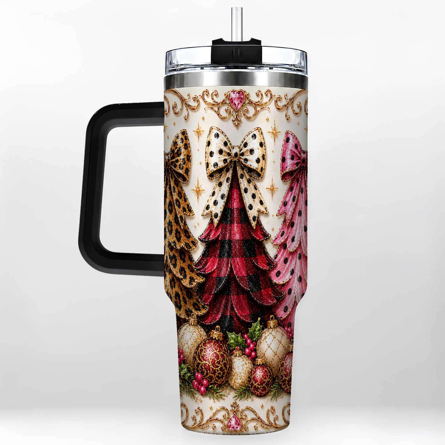 #pl[40oz|Black] Tree Trio 40oz Tumbler with Handle, Christmas Stainless Steel Travel Cup