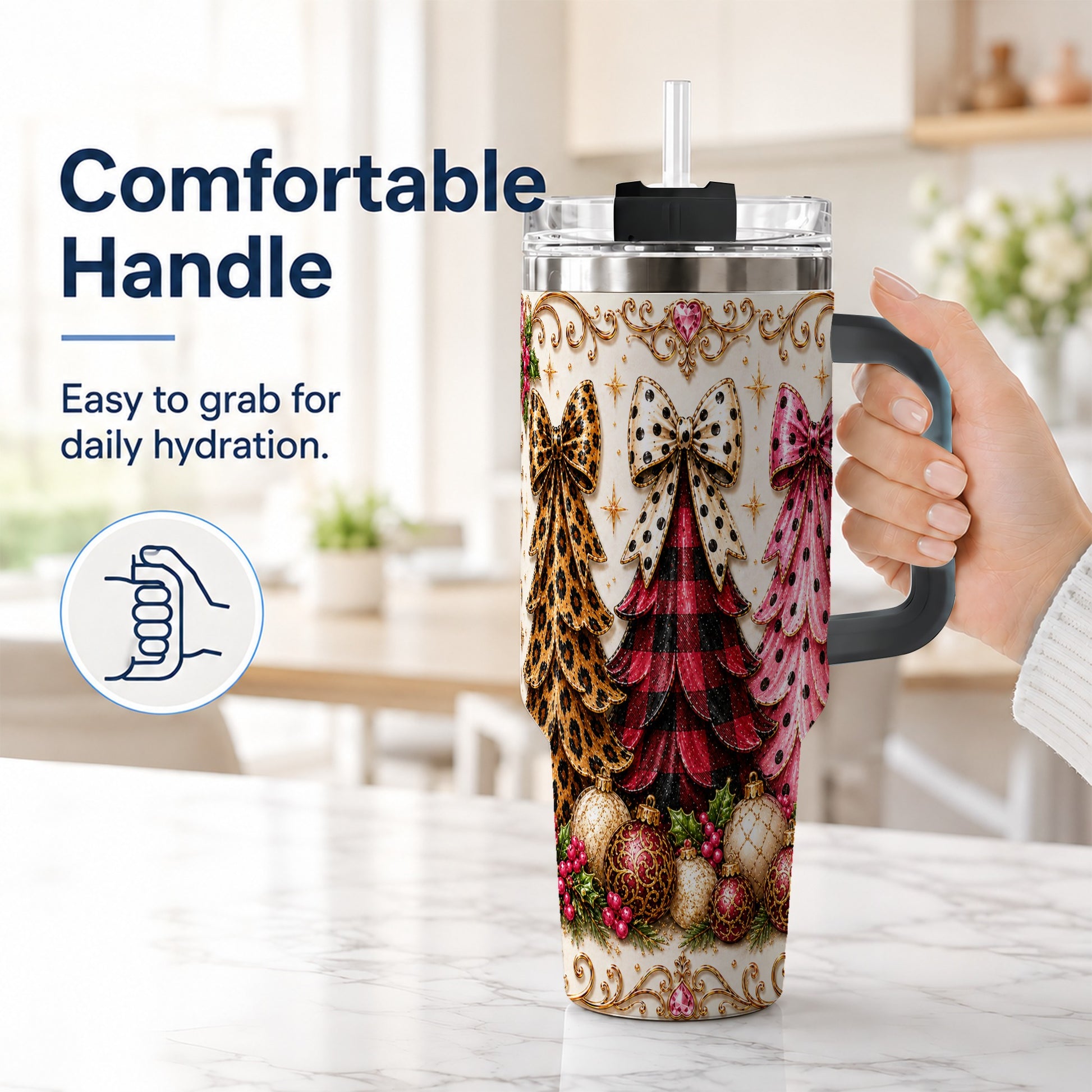 #pl[40oz|Black] Tree Trio 40oz Tumbler with Handle, Christmas Stainless Steel Travel Cup