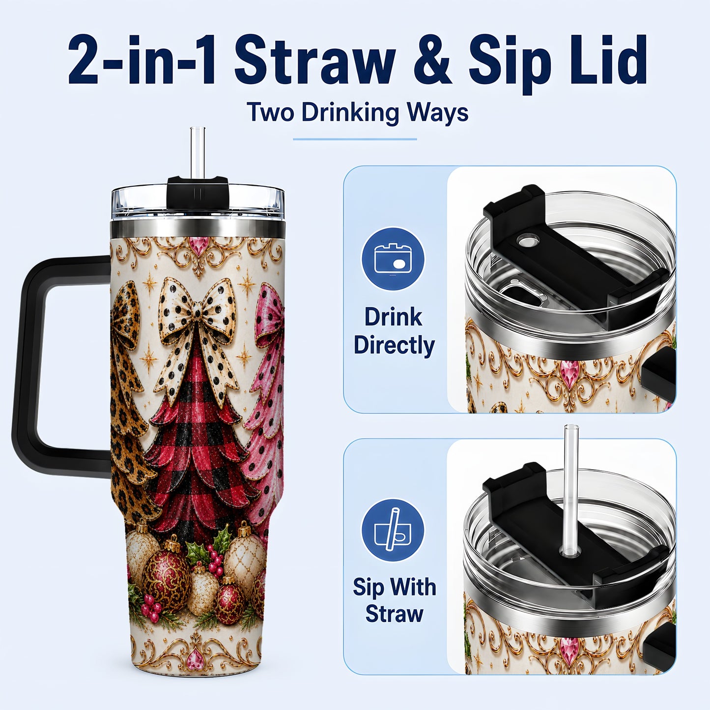 #pl[40oz|Black] Tree Trio 40oz Tumbler with Handle, Christmas Stainless Steel Travel Cup