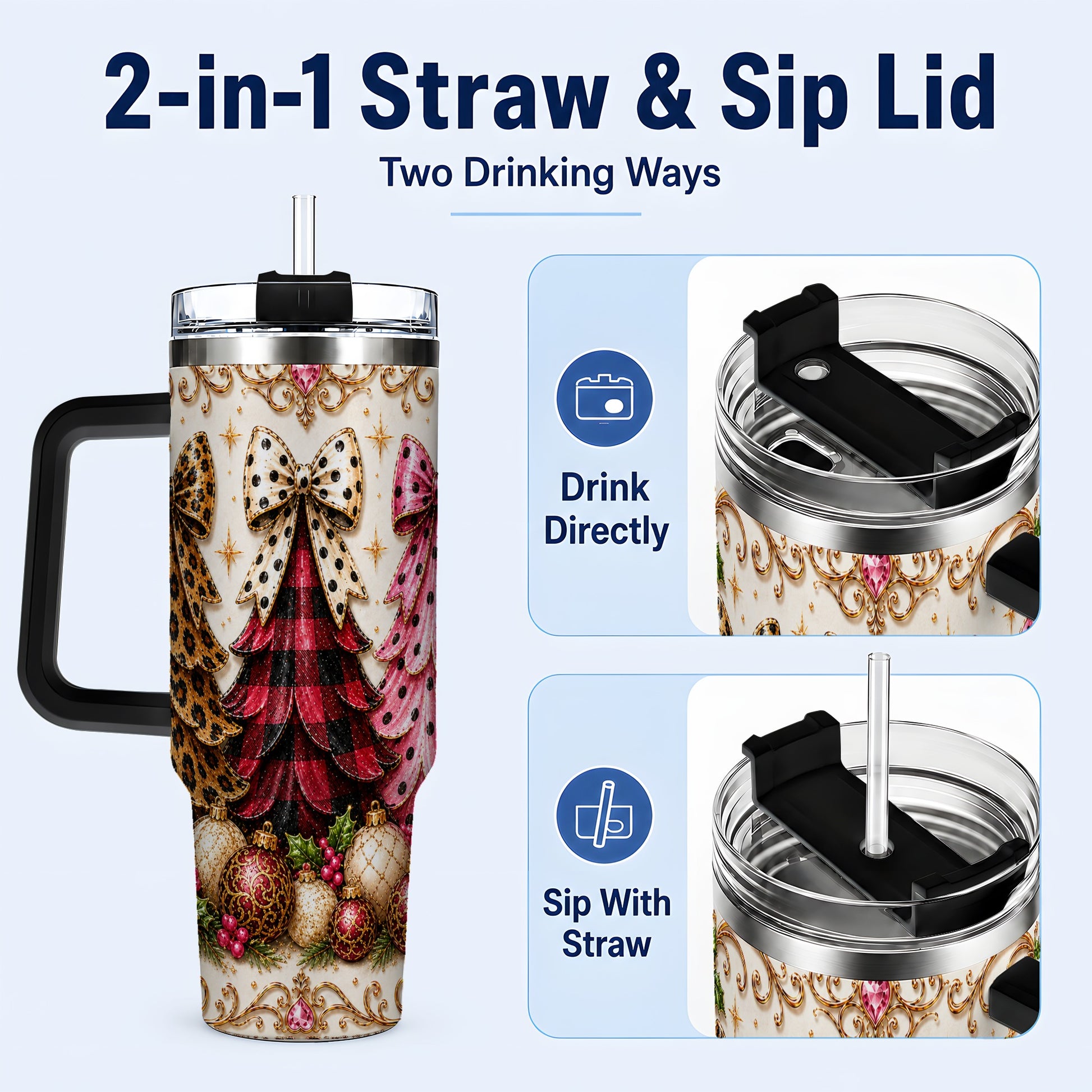 #pl[40oz|Black] Tree Trio 40oz Tumbler with Handle, Christmas Stainless Steel Travel Cup