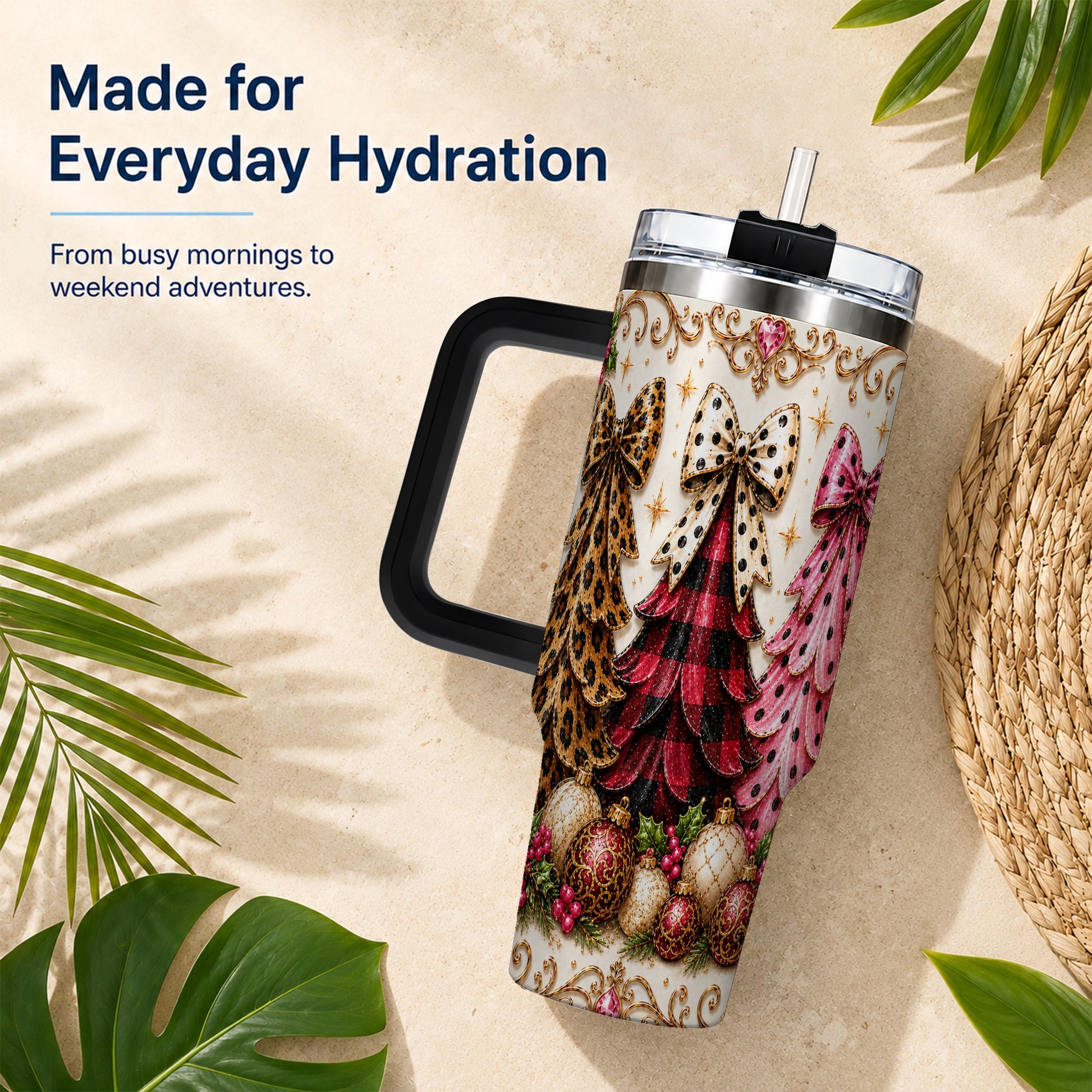 #pl[40oz|Black] Tree Trio 40oz Tumbler with Handle, Christmas Stainless Steel Travel Cup