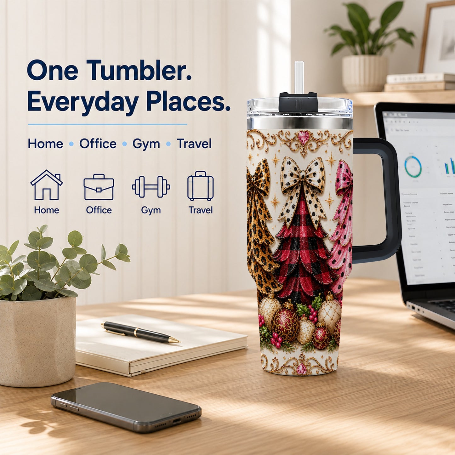 #pl[40oz|Black] Tree Trio 40oz Tumbler with Handle, Christmas Stainless Steel Travel Cup