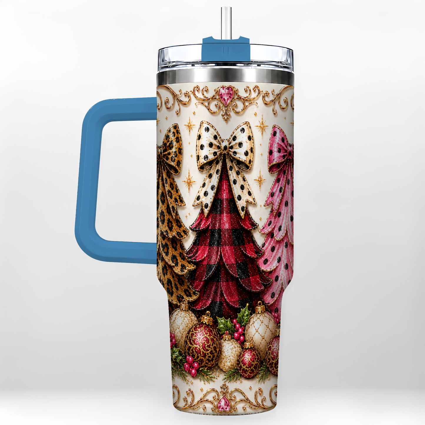 #pl[40oz|Blue] Tree Trio 40oz Tumbler with Handle, Christmas Stainless Steel Travel Cup