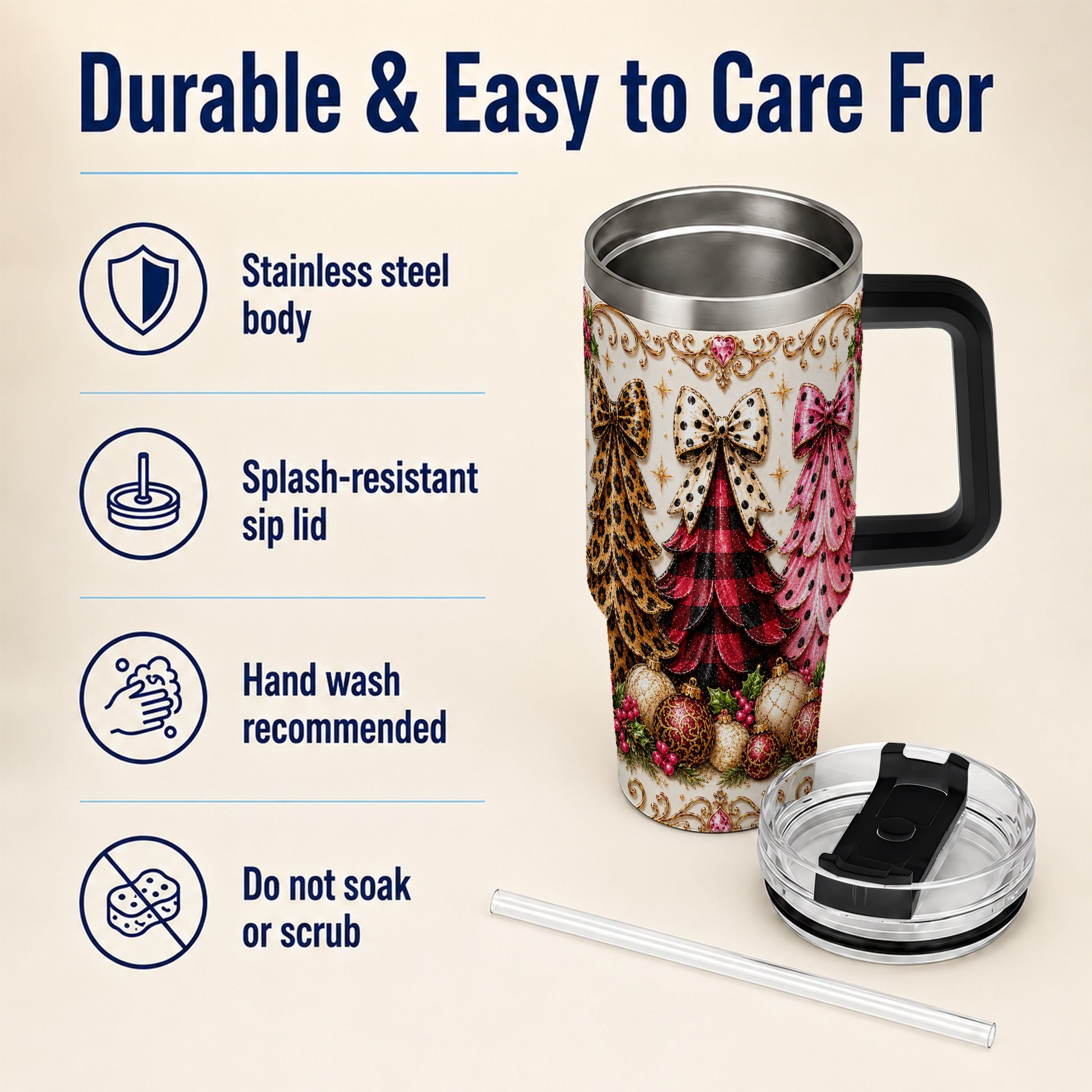 #pl[40oz|Black] Tree Trio 40oz Tumbler with Handle, Christmas Stainless Steel Travel Cup