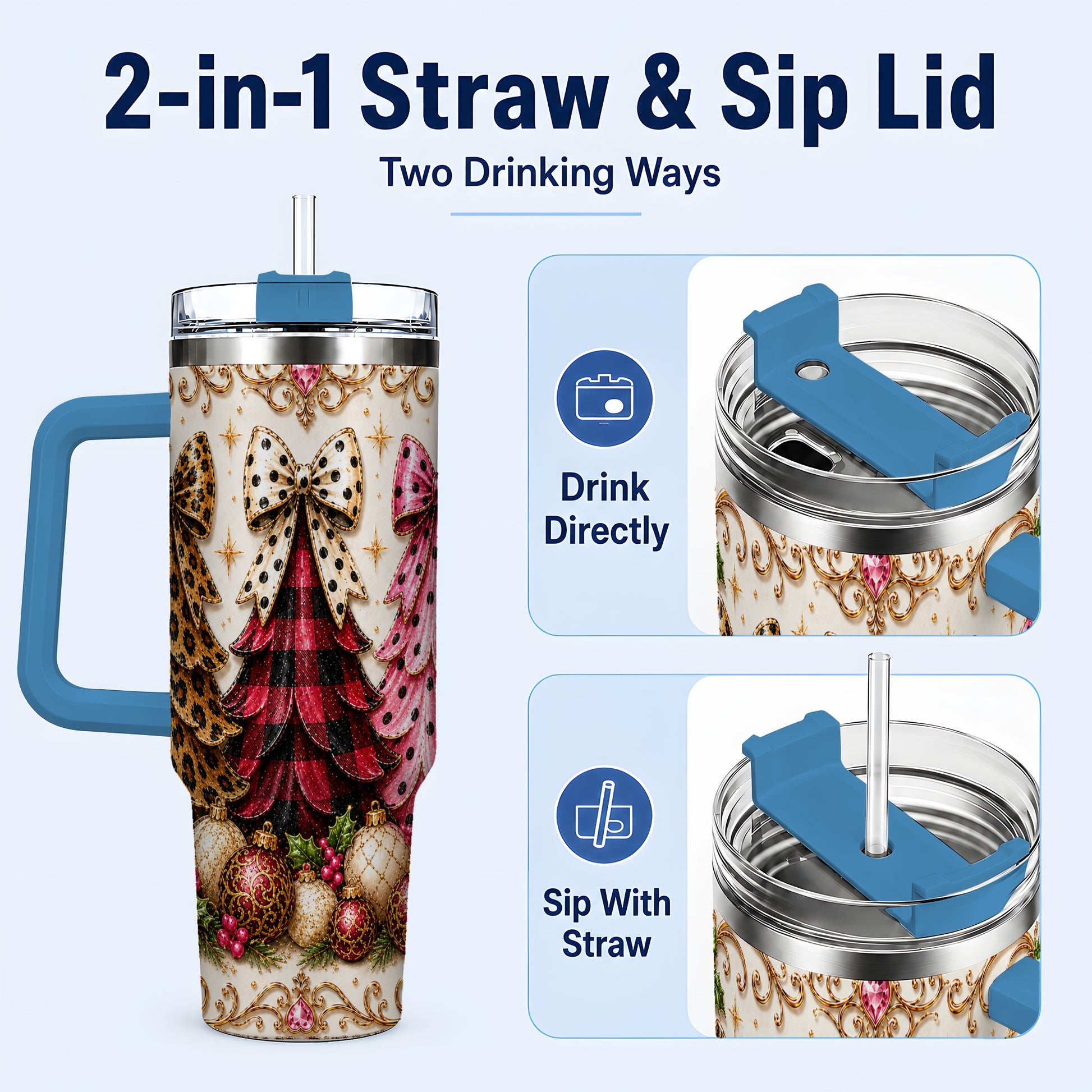 #pl[40oz|Blue] Tree Trio 40oz Tumbler with Handle, Christmas Stainless Steel Travel Cup