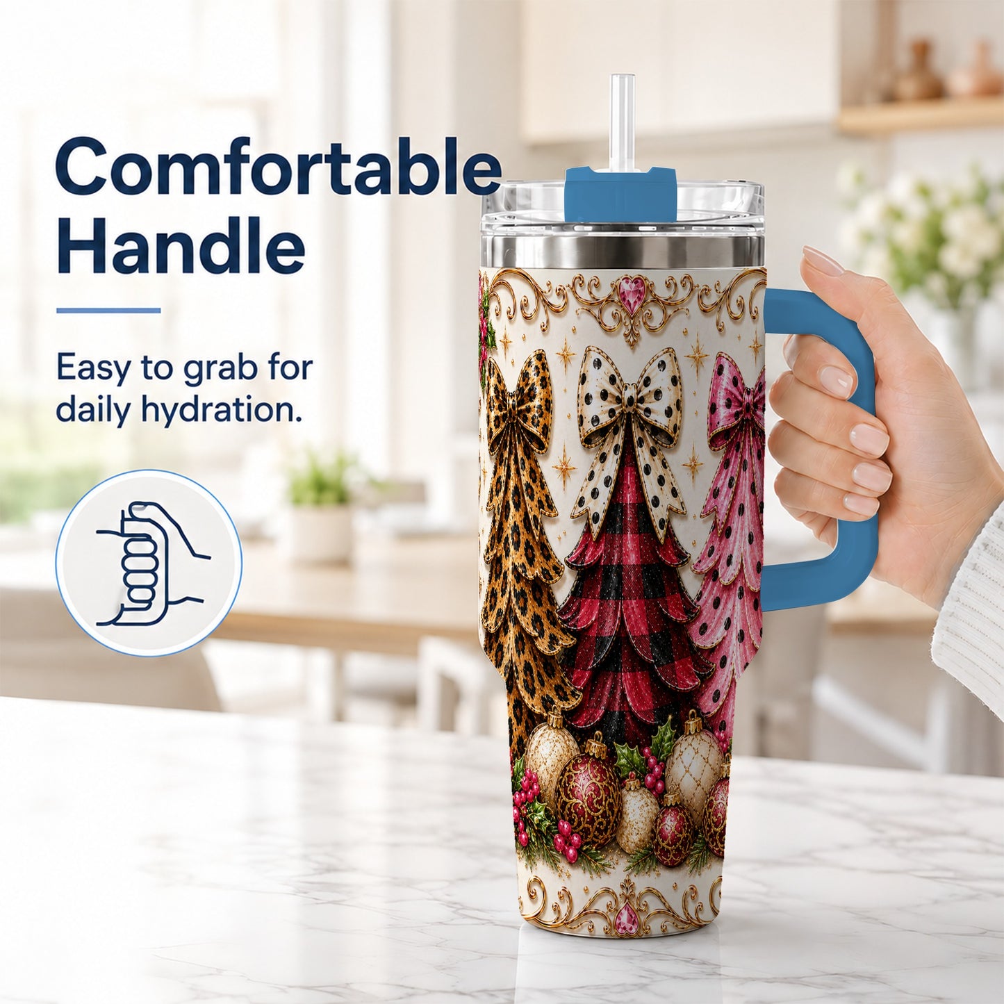 #pl[40oz|Blue] Tree Trio 40oz Tumbler with Handle, Christmas Stainless Steel Travel Cup