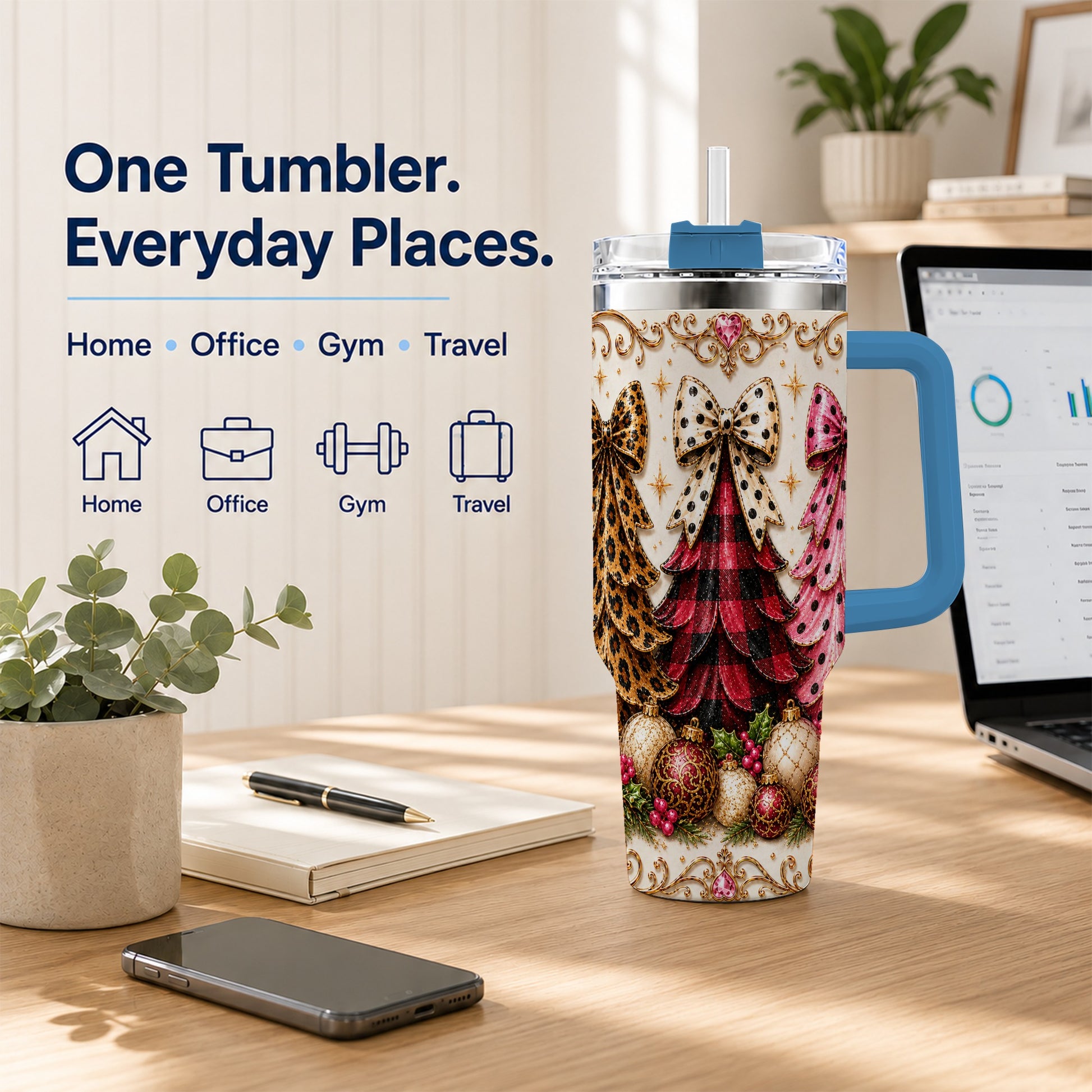 #pl[40oz|Blue] Tree Trio 40oz Tumbler with Handle, Christmas Stainless Steel Travel Cup