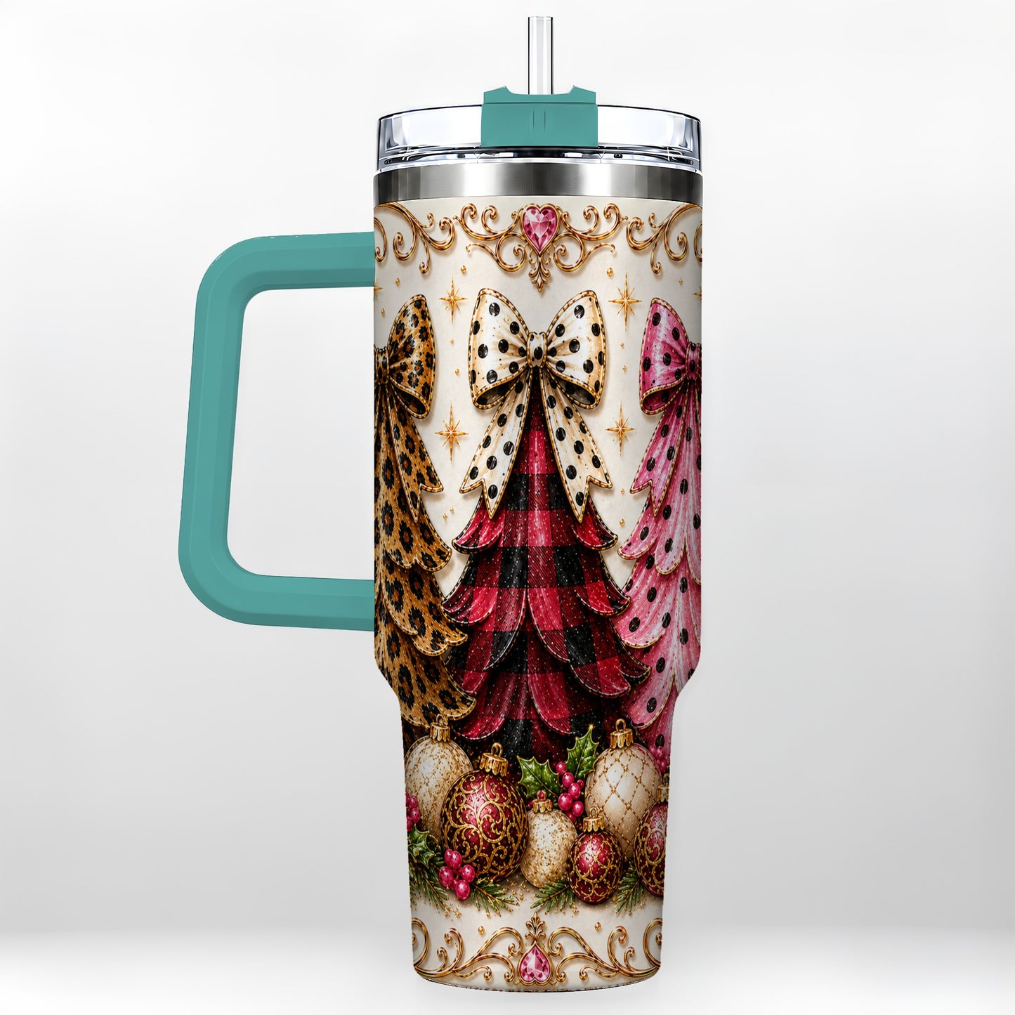 #pl[40oz|Green] Tree Trio 40oz Tumbler with Handle, Christmas Stainless Steel Travel Cup