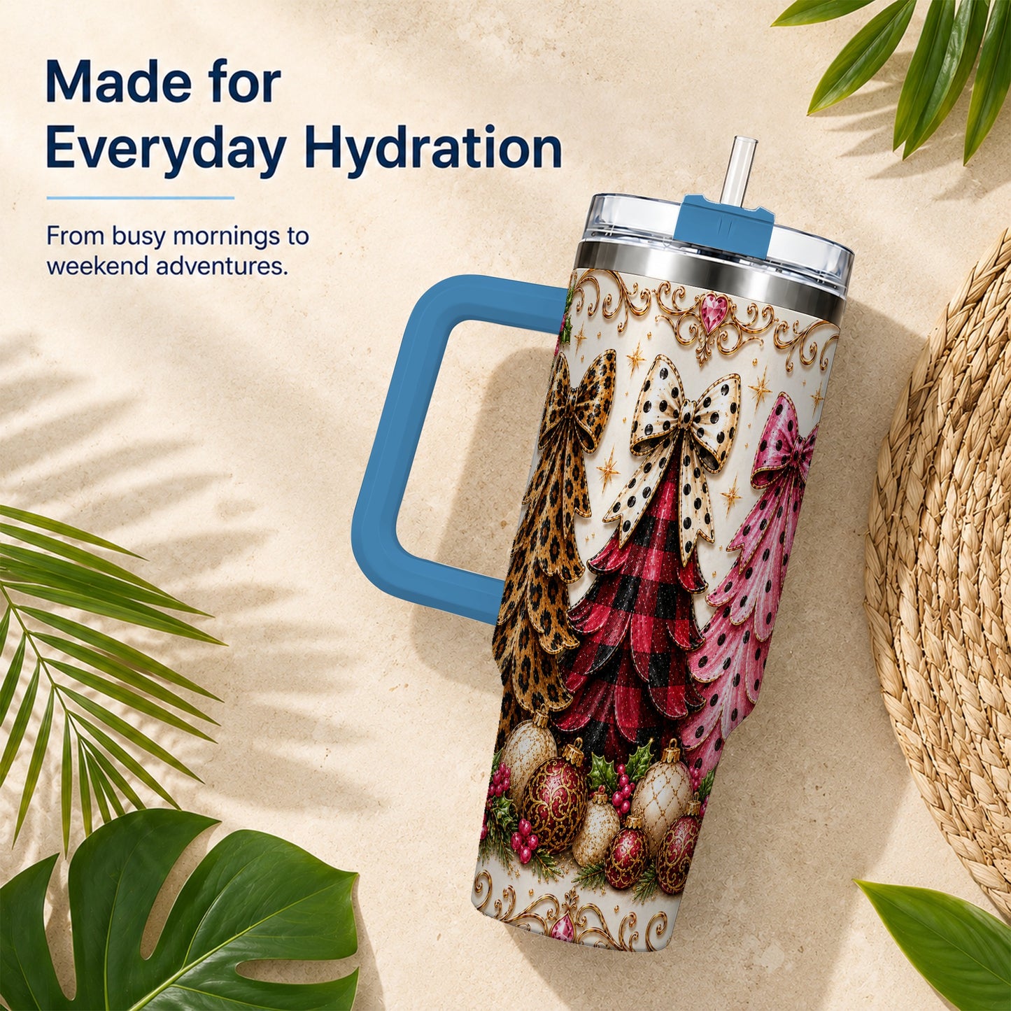 #pl[40oz|Blue] Tree Trio 40oz Tumbler with Handle, Christmas Stainless Steel Travel Cup