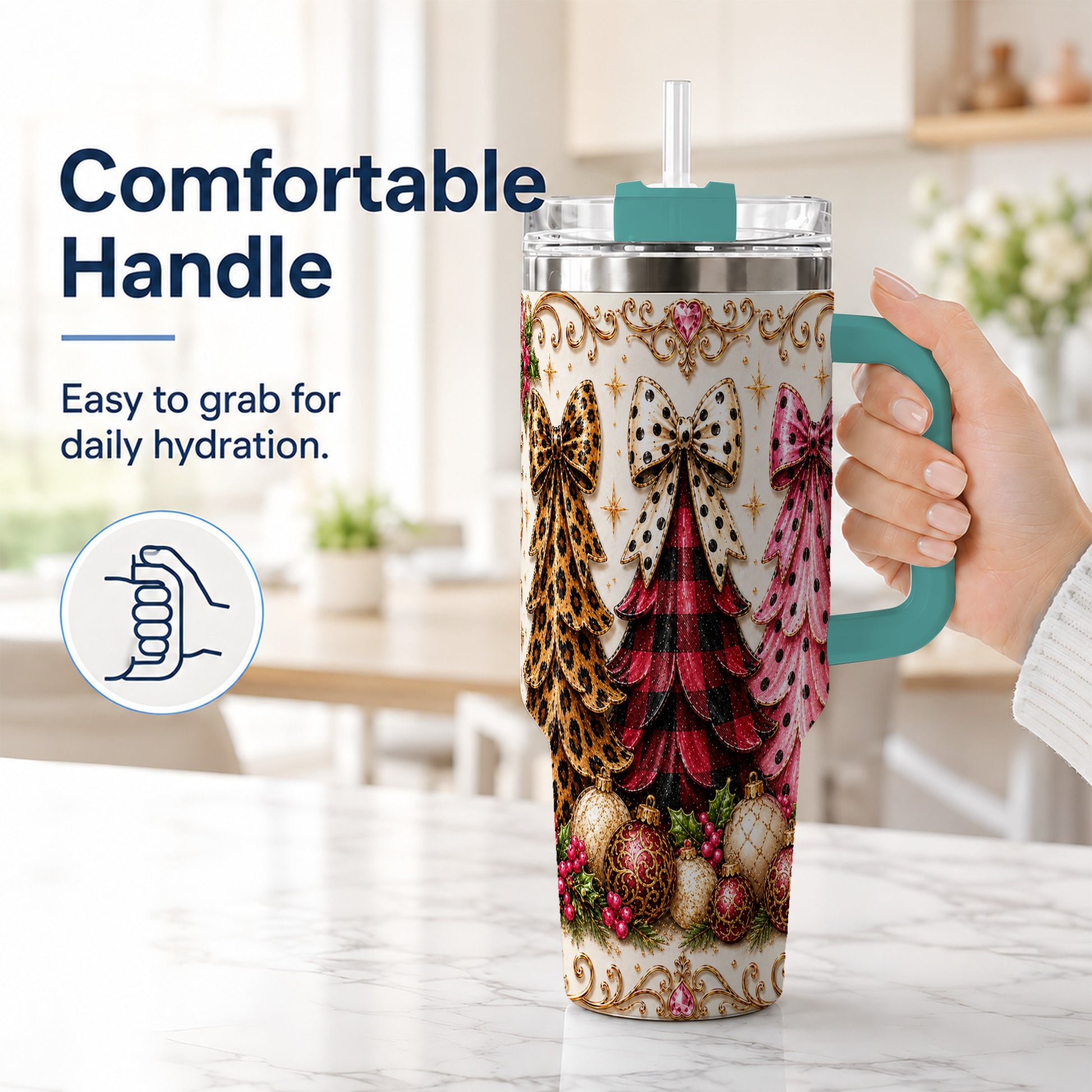 #pl[40oz|Green] Tree Trio 40oz Tumbler with Handle, Christmas Stainless Steel Travel Cup