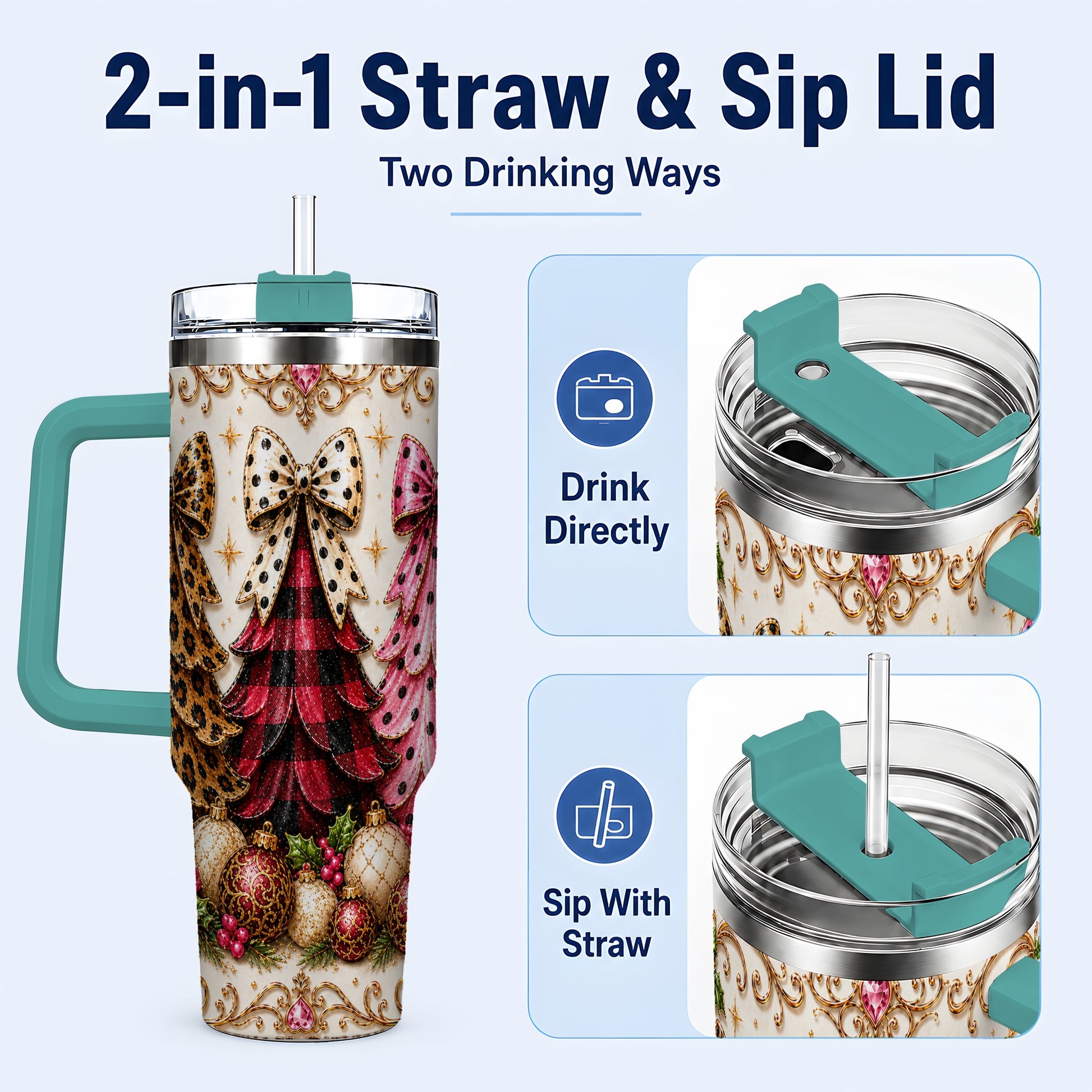 #pl[40oz|Green] Tree Trio 40oz Tumbler with Handle, Christmas Stainless Steel Travel Cup