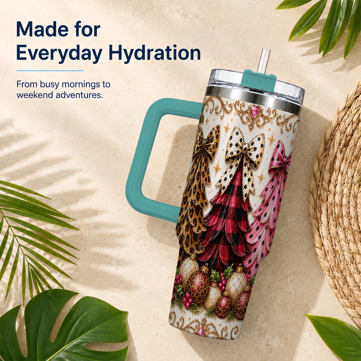#pl[40oz|Green] Tree Trio 40oz Tumbler with Handle, Christmas Stainless Steel Travel Cup