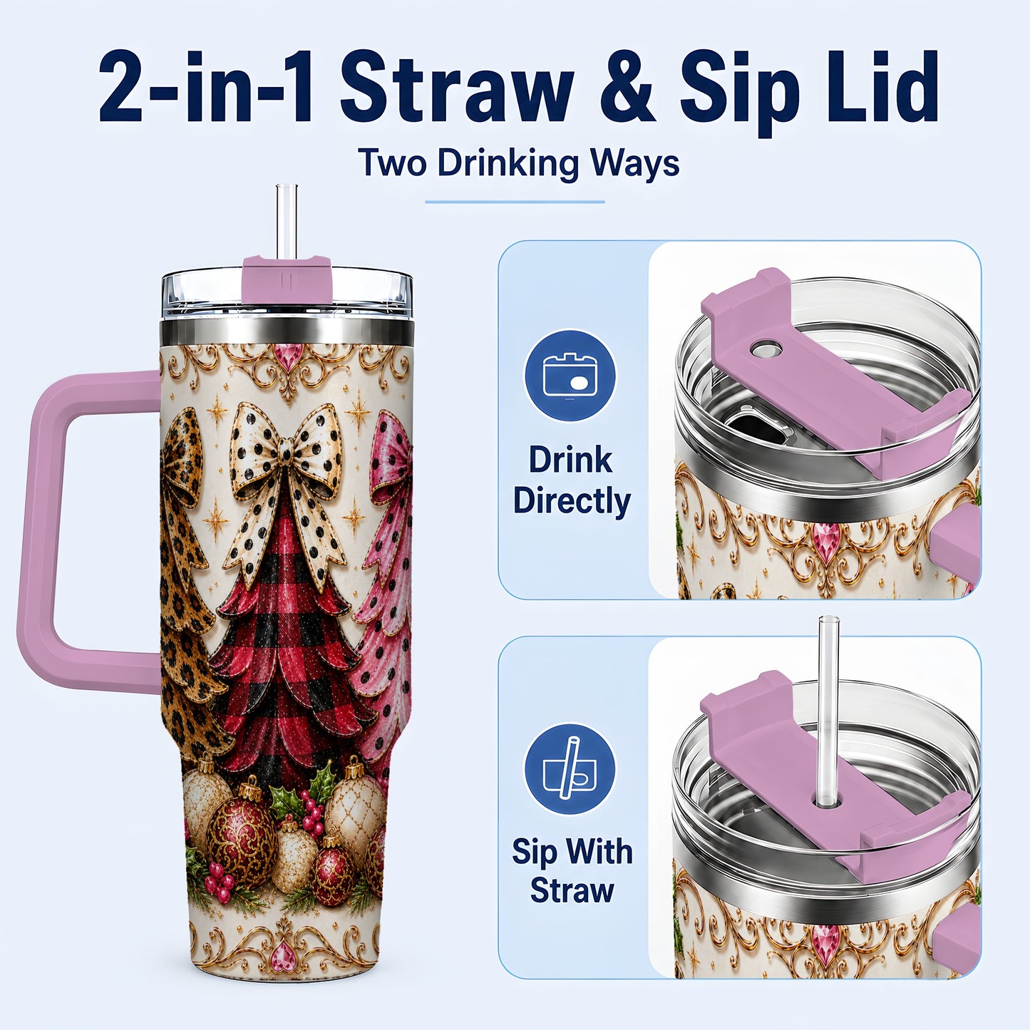 #pl[40oz|Pink] Tree Trio 40oz Tumbler with Handle, Christmas Stainless Steel Travel Cup