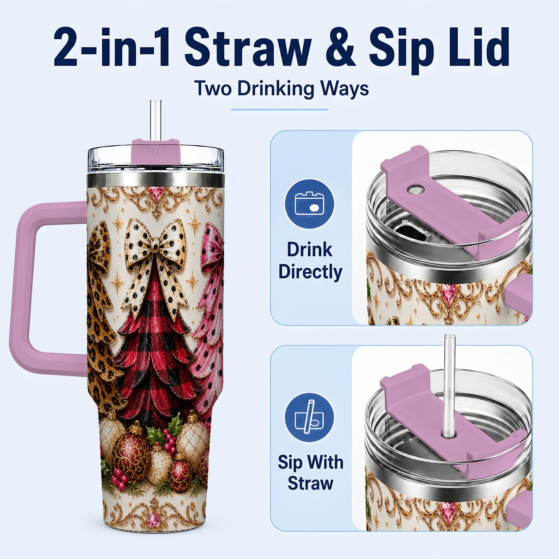 #pl[40oz|Pink] Tree Trio 40oz Tumbler with Handle, Christmas Stainless Steel Travel Cup