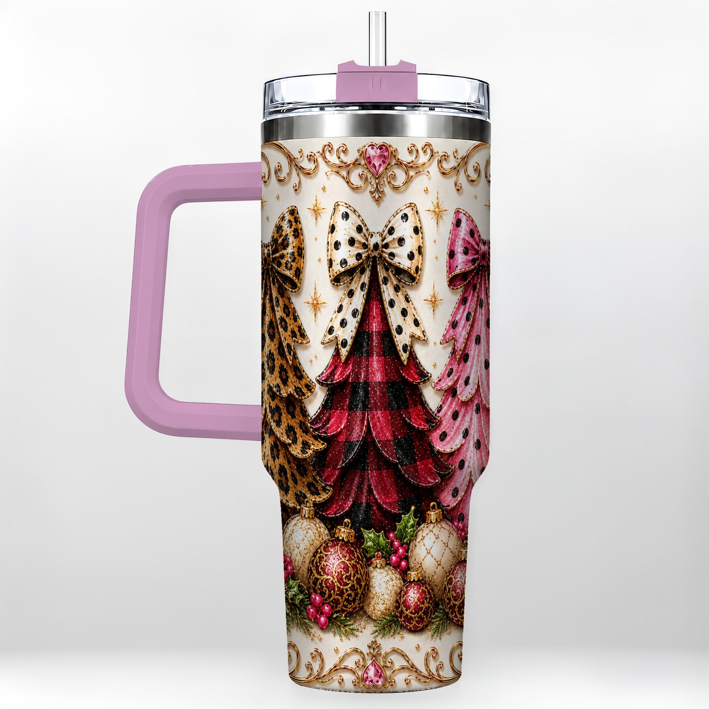 #pl[40oz|Pink] Tree Trio 40oz Tumbler with Handle, Christmas Stainless Steel Travel Cup