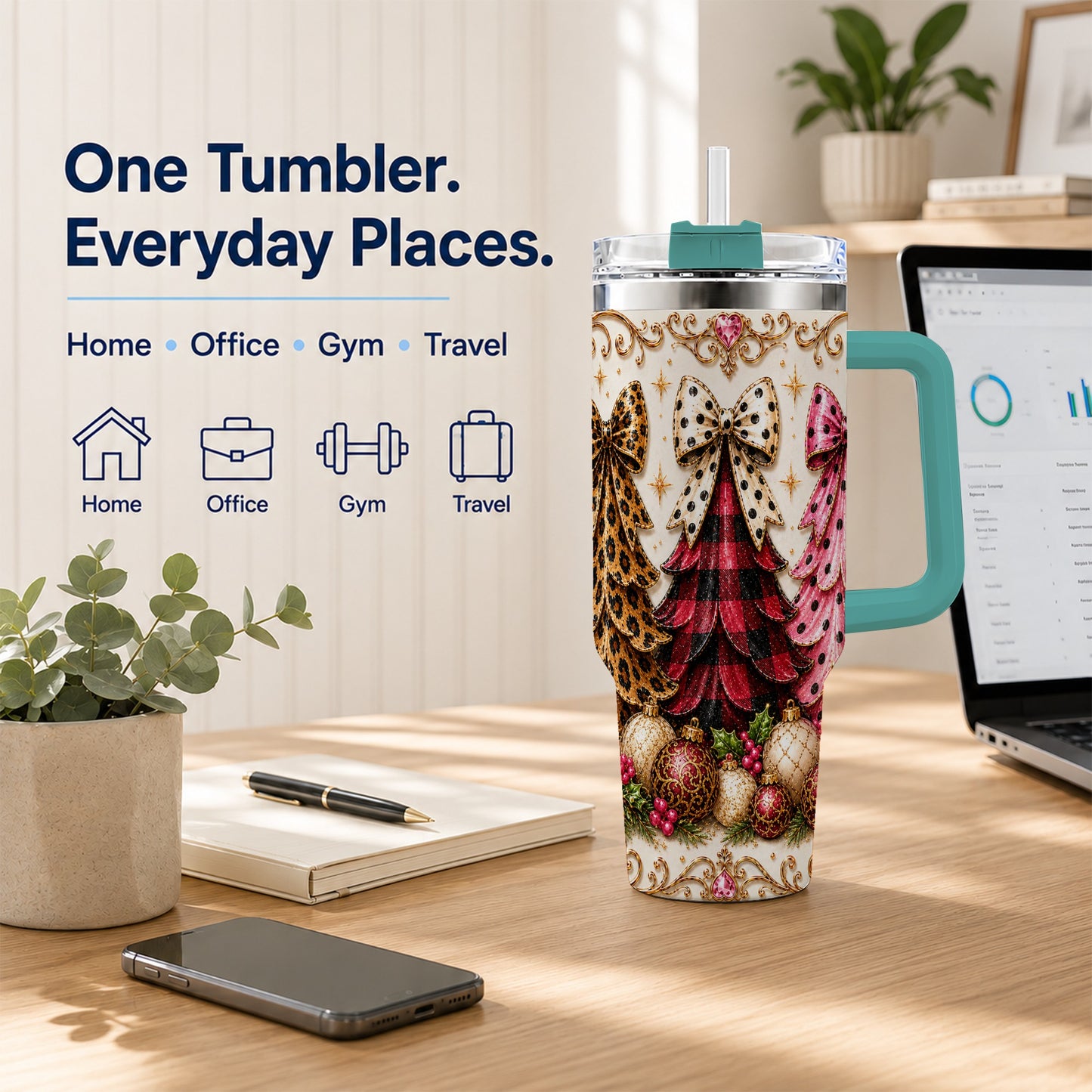 #pl[40oz|Green] Tree Trio 40oz Tumbler with Handle, Christmas Stainless Steel Travel Cup