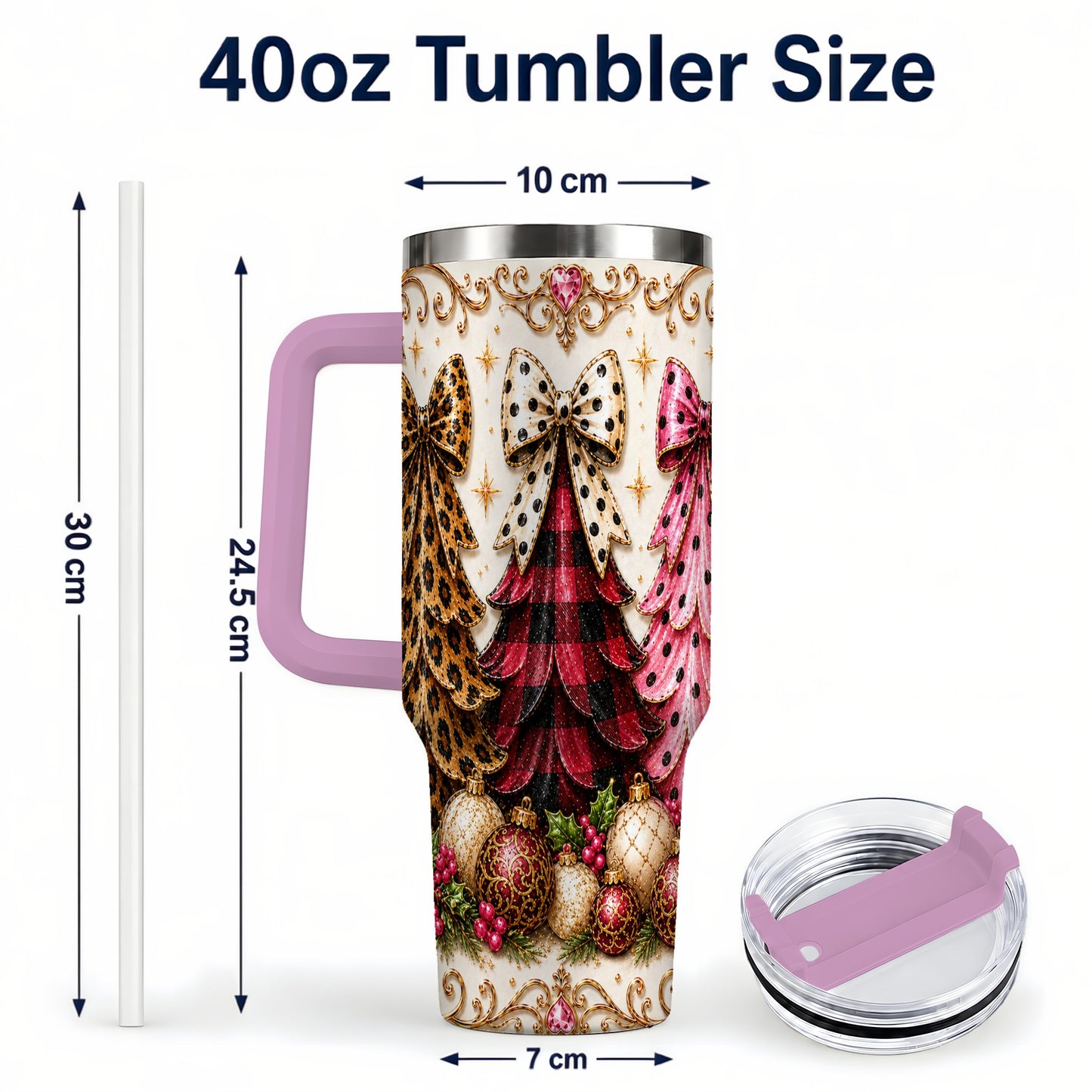 #pl[40oz|Pink] Tree Trio 40oz Tumbler with Handle, Christmas Stainless Steel Travel Cup