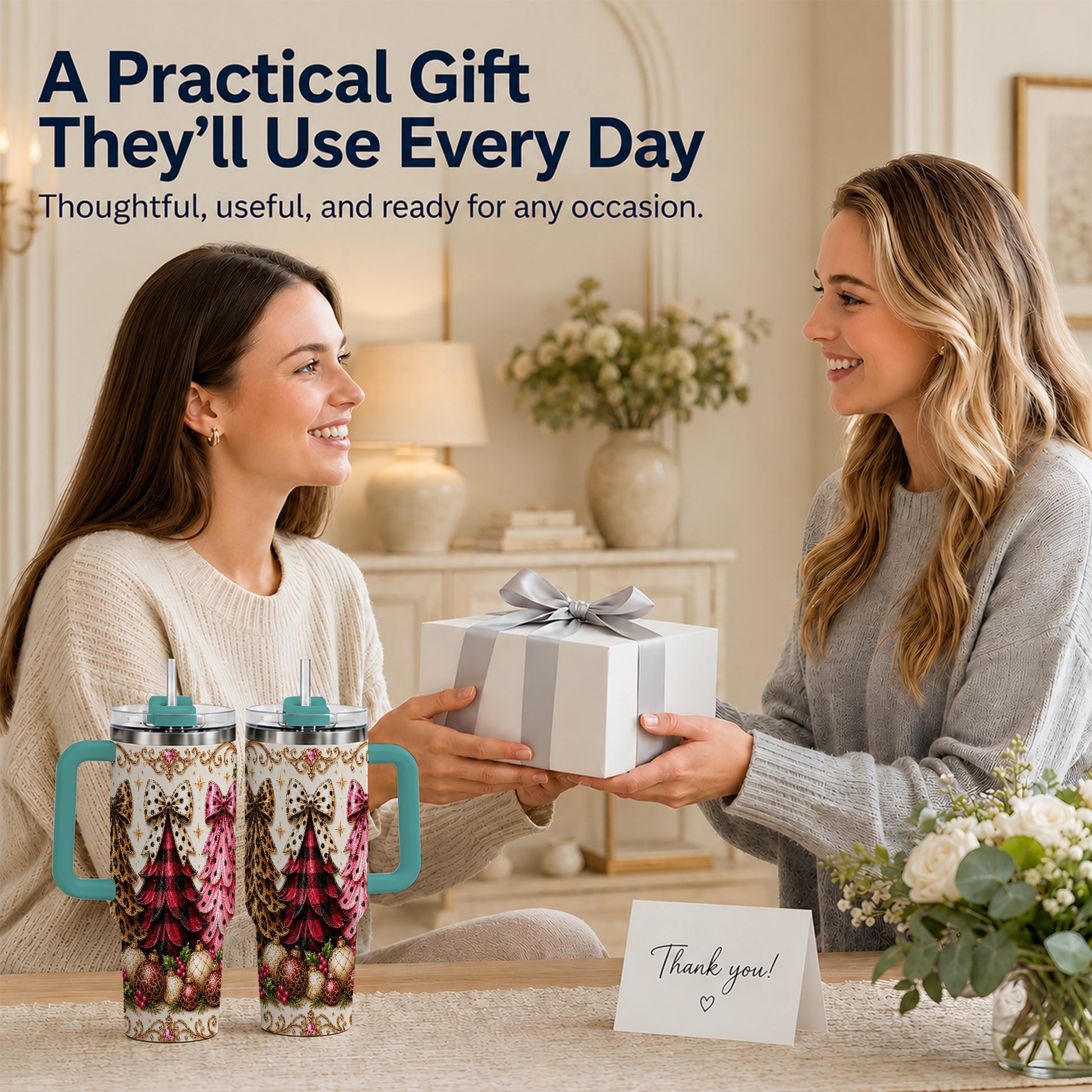 #pl[40oz|Green] Tree Trio 40oz Tumbler with Handle, Christmas Stainless Steel Travel Cup