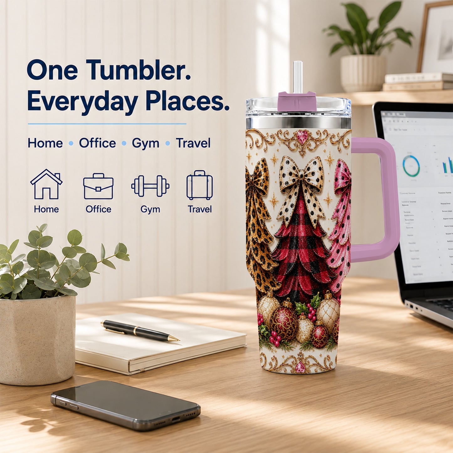 #pl[40oz|Pink] Tree Trio 40oz Tumbler with Handle, Christmas Stainless Steel Travel Cup