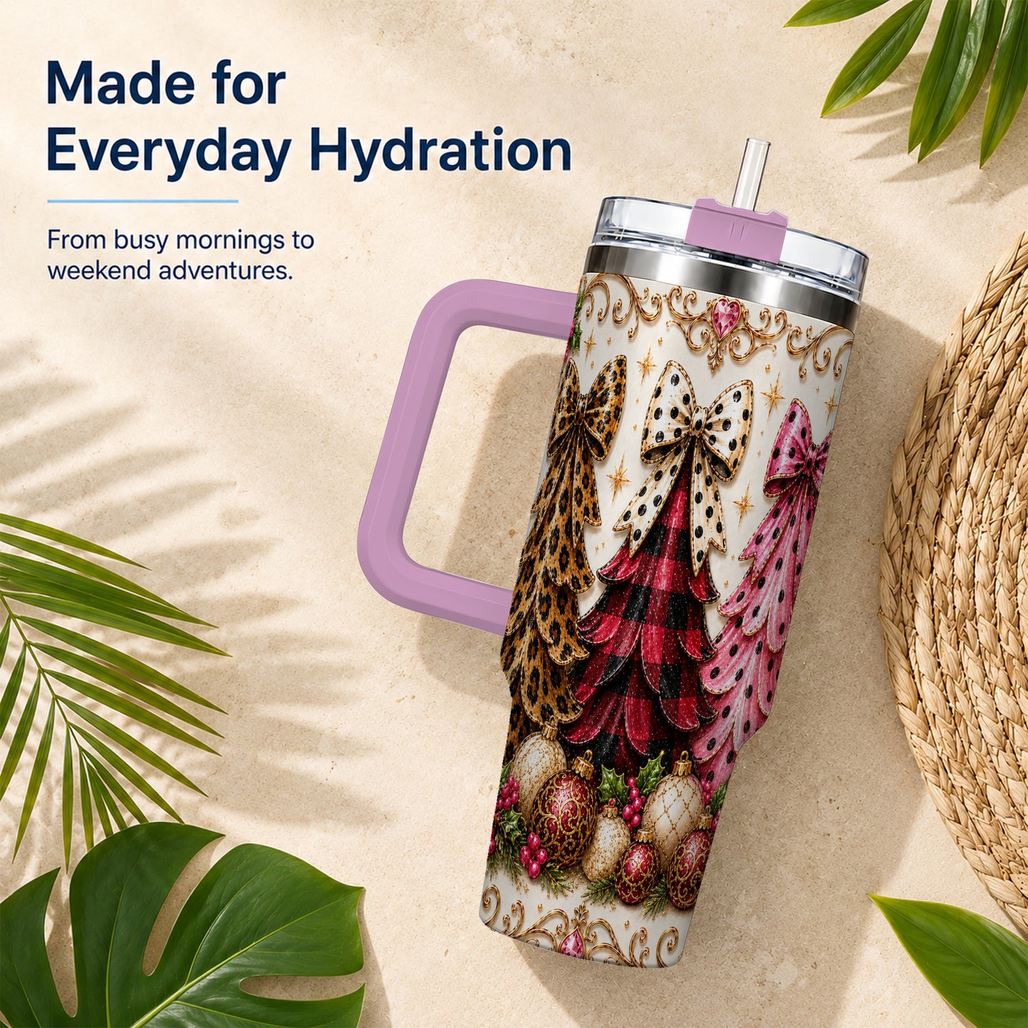 #pl[40oz|Pink] Tree Trio 40oz Tumbler with Handle, Christmas Stainless Steel Travel Cup