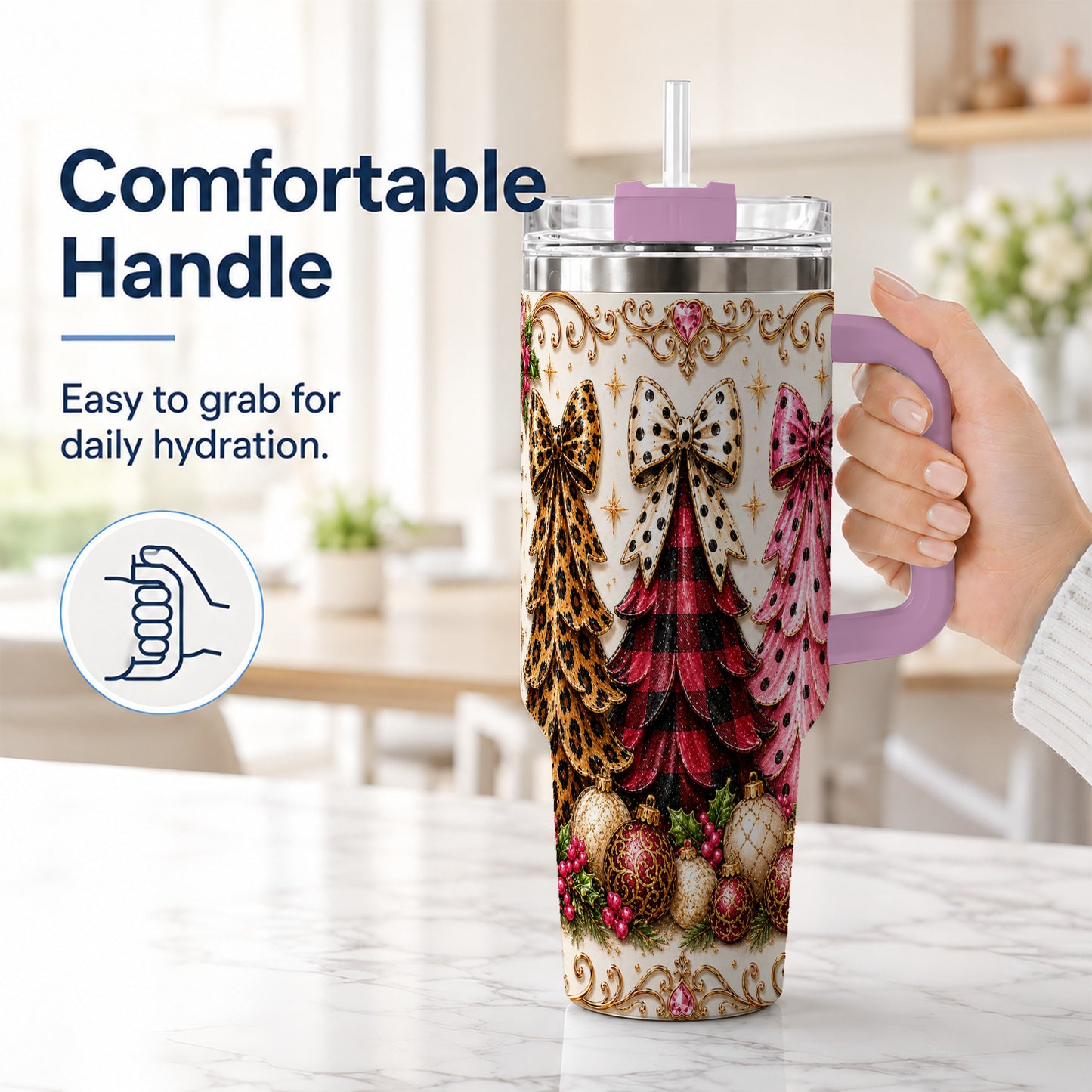 #pl[40oz|Pink] Tree Trio 40oz Tumbler with Handle, Christmas Stainless Steel Travel Cup